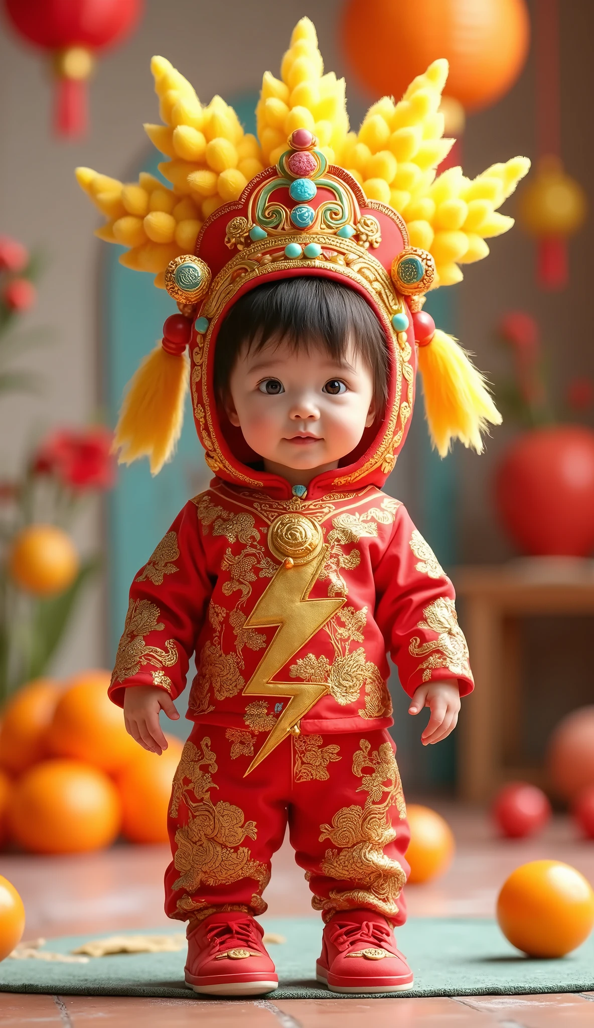 Magazine fashion photography, full body shot of a Chinese baby, Playful, exaggerated expressions,a Chinese beautiful baby in gorgeous Hanfu, wearing a Chinese gorgeous lion head on her head, big eyes, 5 years old, Sikkim red blue,red background, minimalism, Surrealism, master works, fine details