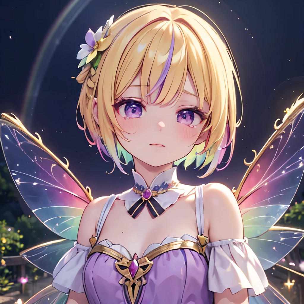 masterpiece, absurdres, best quality, ultra detailed, high Resolution, detailed illustration, bright colour, (extremely beautiful detailed face and eyes, Delicate beautiful face, 1 girl, cute face:1.3), (magenta eyes:1.1), sparkling eyes, big eyes, medium breasts, (perky breasts:1.1), (pointy breasts:1.1), medium hips, glamorous body, white skin, BREAK, long bob cut, (blonde hair:0.8), messy hair, detailed hair, shiny hair, BREAK (fairy, American Sleeve, down blouse:1.3), perfect lighting, (embarrassed:1.3), (ecstasy, vulgarity:1.5), (trembling:0.8), Great Forest, full body,