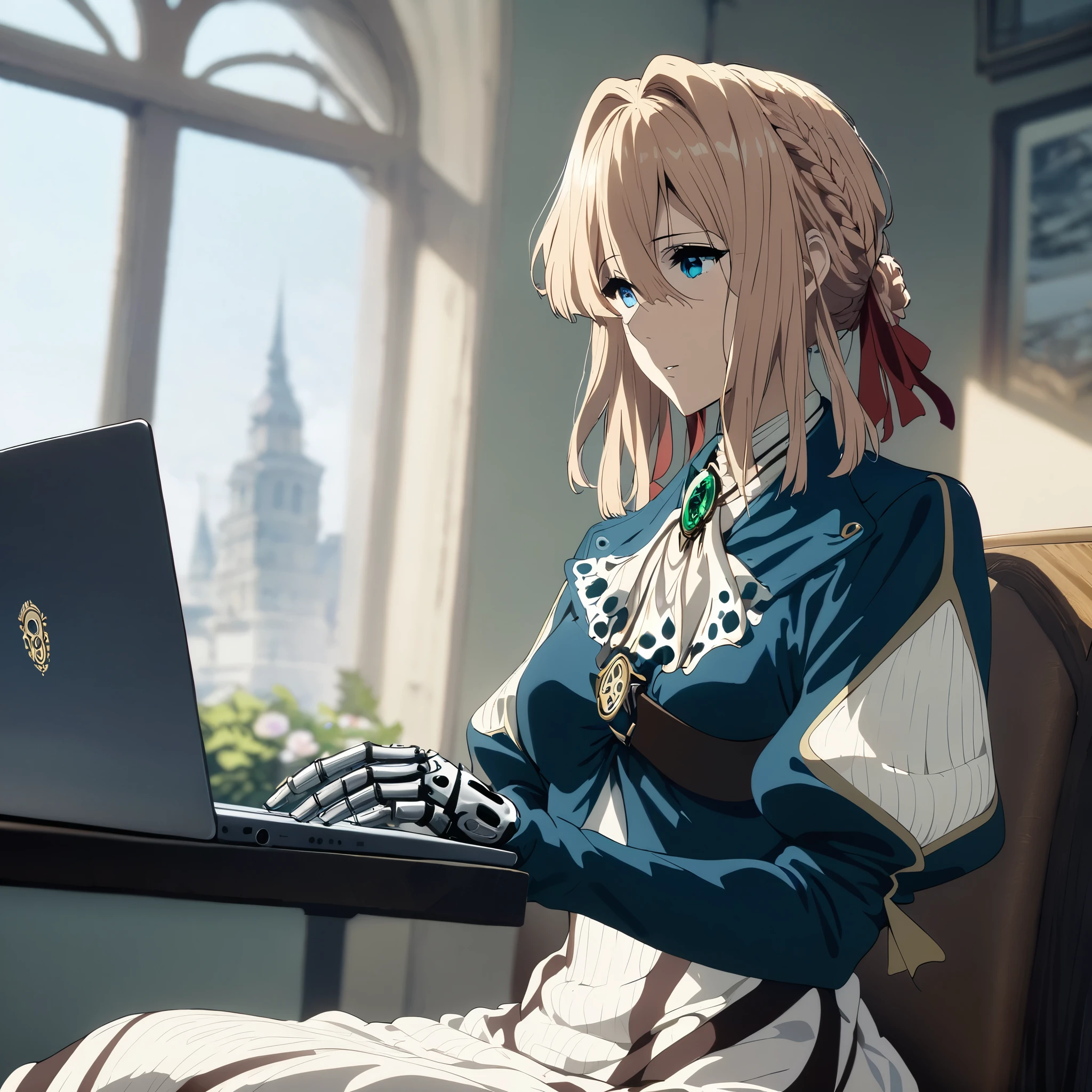 masterpiece, Best Quality, so beautiful, Absurd, , Braiding, hair ribbon, Red ribbon, jewelry, white ascot, brooch, Blue jacket, Long sleeve, Mechanical Hand, White Dress, Long Dress, Violet Evergarden, indoor, window, Sitting, machine, Laptop, 