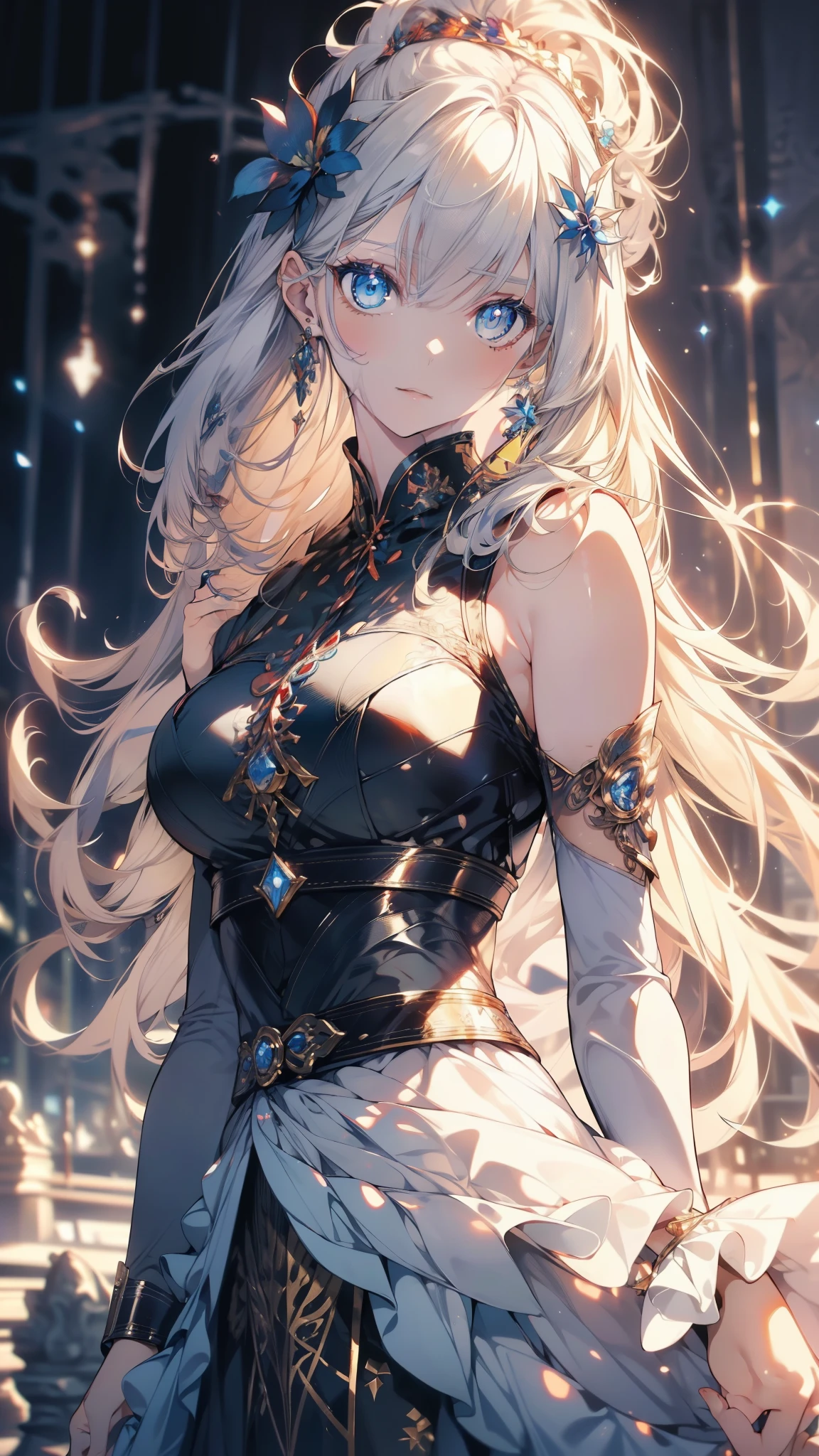 (only one person),Dark sky,((Winter)),dark clouds,Ice Crown,goddess,(Short flowing hair),Sexy,noble,grace
