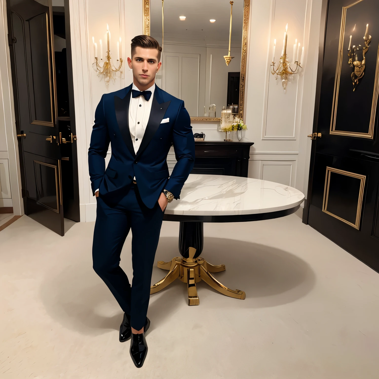 full length photo of a preppy handsome white man with preppy undercut styled brown haircut, blue eyes, most preppy dapper suit ever, gold jewelry, rings, watch, bracelets, tie, suit, dapper elegant fine shoes, thin transparent sheer black socks, He snorts (sniffs) a line of maizena on a black plate, on table in luxurious mansion dining room