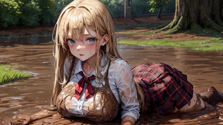 (masterpiece, best quality:1.2),  , looking at viewer , school girl wet white clothes, soaked, dripping wet, wet hair, wet skin, translucent, glistening with oil, fully clothed, wet muddy field, dripping with mud, muddy arms, muddy hair, lying in mud, submerged, covered all over, muddy face , skirt dark red , plaid skirt , pleated skirt , Tight shirt , white Shirt , school girl  , red knot , red bow , school , skirt is adjacent to the chest , twin tails hair , big breasts , big tits