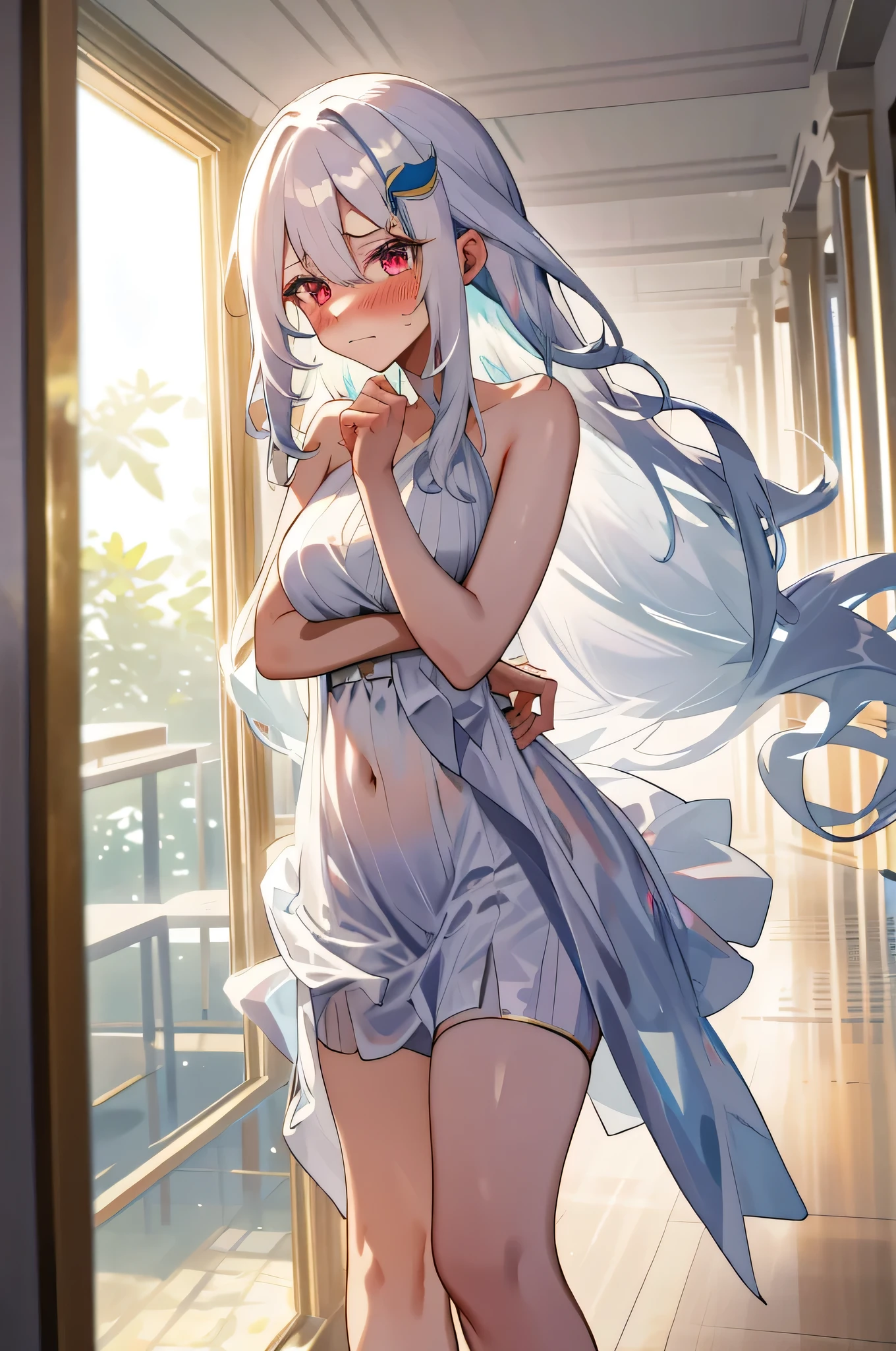 1girl, no bra, wet, white hair, very long hair, short body, ((, child, 10 y((masterpiece)), naked, ((completely_naked)), room, tiny_breasts, bare_shoulders, bed, (((lifting_skirt))), wet , nfsw, smooth , depth_of_field, bare_foot, twintails