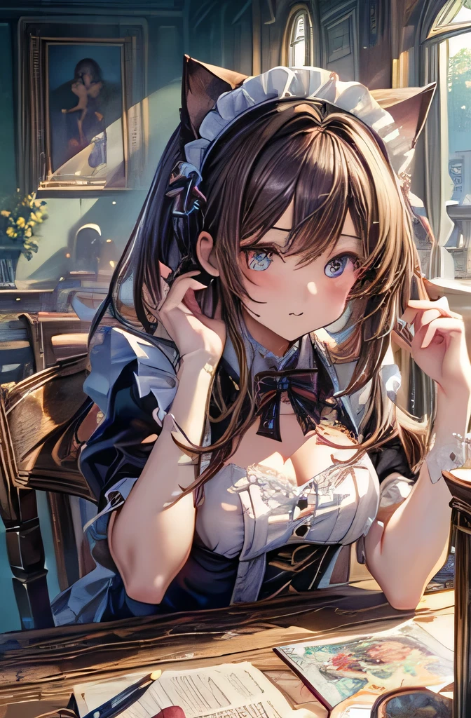 (((At the window on a beautiful starry night))),Put on your headphones,Riding on the elbow,(Black Hair Girl),,Big Breasts,(study)、Maid