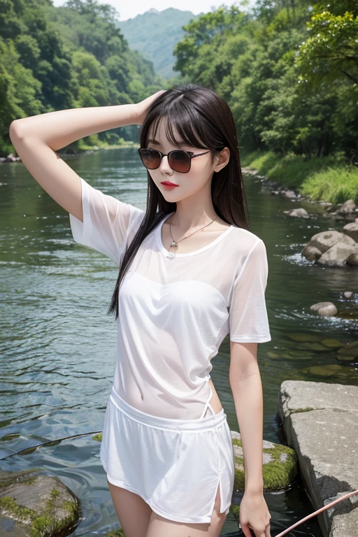 top Quority,Ultra-clear resolution,Clear eyes,Plain face with glasses,s the perfect face,White skin,Perfect chest,with perfect legs,Long legs,black short skirt,Seaside setting
