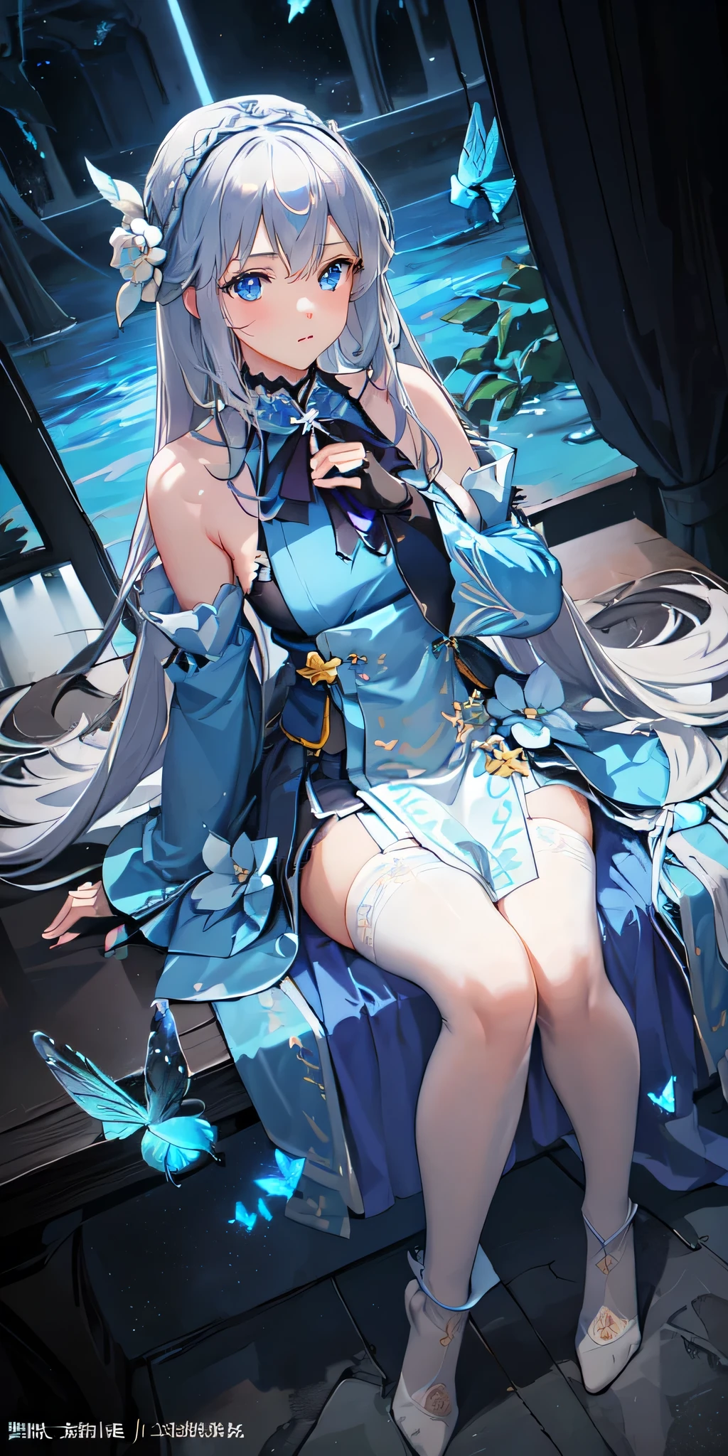1girl, blue white hair, blue eyes, cute outfit
