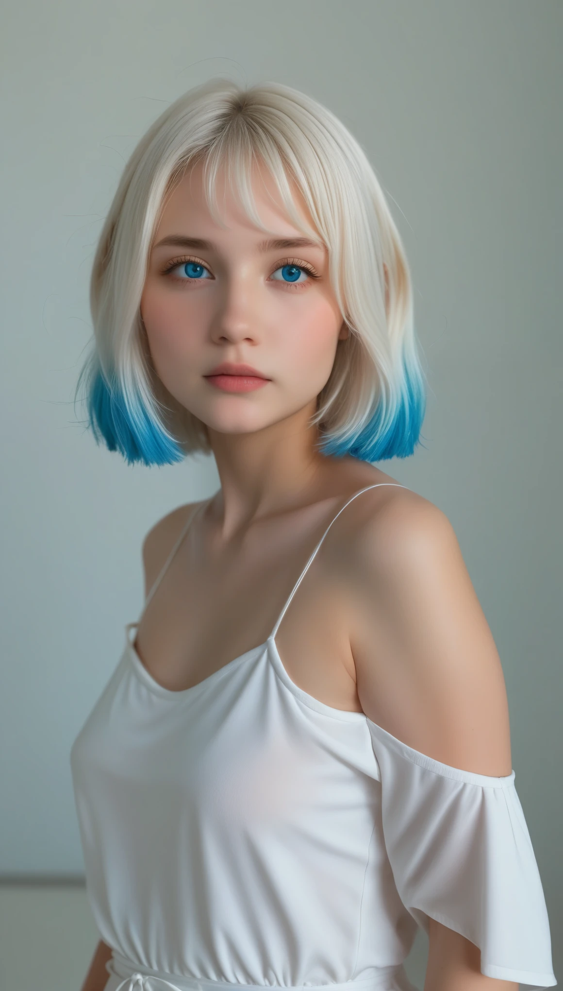 (((white background:1.3)))、Albino Girl、Super cute、Cute expression、(((1 girl))), ,(((Eyes are white:1.3)))、Pointy Ears、Short ears、Elf Ears、White camisole dress、((White shirt:1.3、White Block Dress)), Tyndall effect, Realistic, Shadow Studio,Ultramarine Lighting, Dual Tone Lighting, (Skin with detailed details: 1.2)、薄Dim lighting、Dim lighting、 photograph, High resolution, 4K, 8k, Background Blur,Fade out beautifully、White World、white background