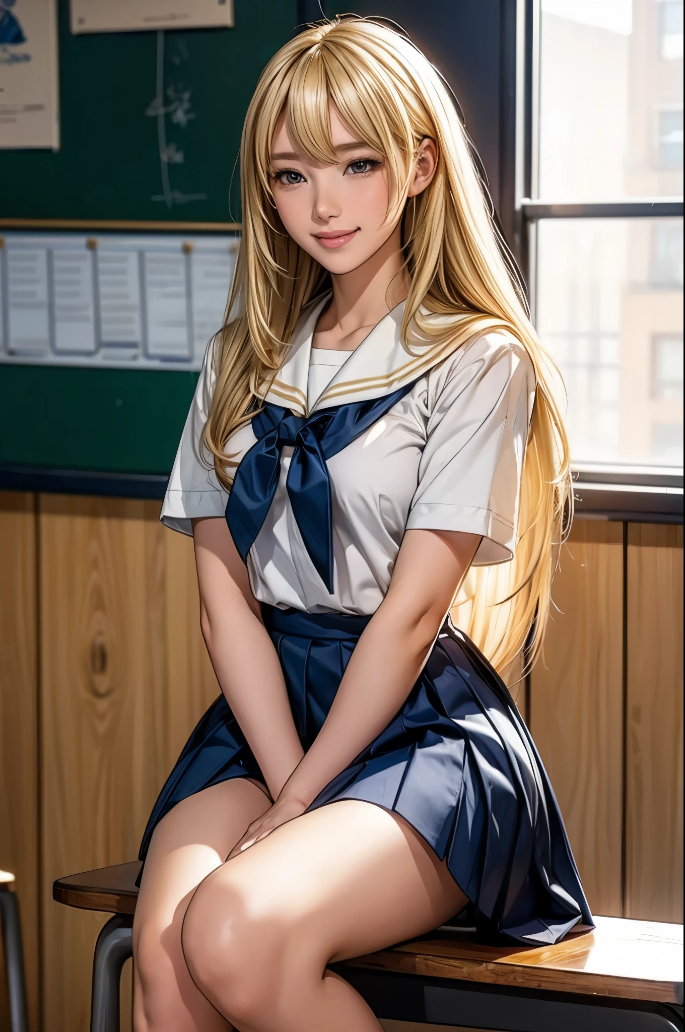 A young woman, solo, wearing a sailor uniform, sitting in a classroom, (School 1.5 in the background), (Serious expression, Hot 1.5), (highest quality: 1.1), (masterpiece: 1.3), with an unparalleled masterpiece, Surreal 8K, Perfect artwork, Super detailed, highest quality, masterpiece 4K wallpaper aesthetics, masterpiece, Award-winning works, Official Art, Cinema Lighting, Small Breasts, long straight hair, (((blonde hair))), ((smile)),