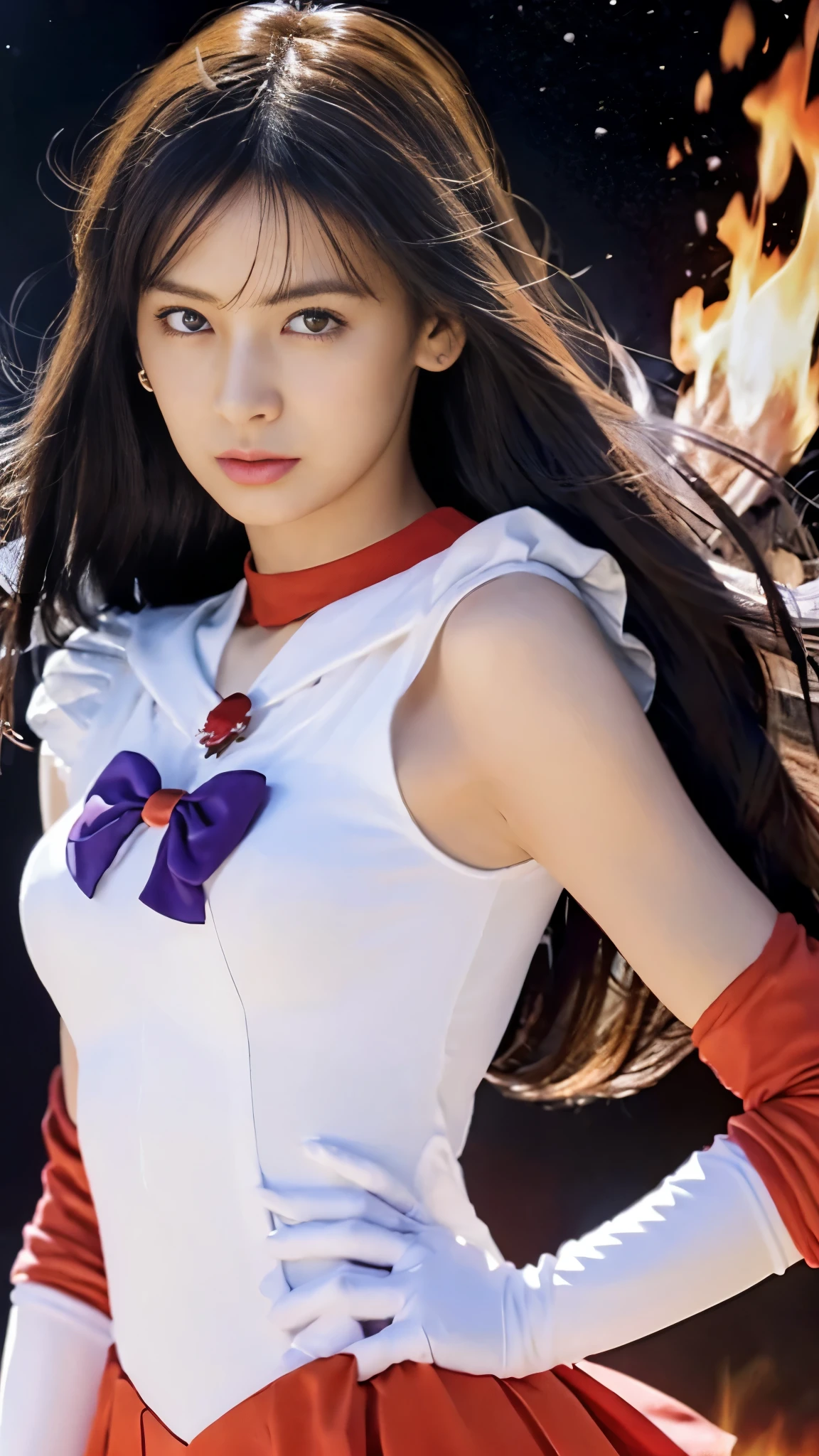 ((HD Real, sama1 Level)), Extreme Real, masterpiece, highest quality, High resolution, sama1, space, stunning beauty, upper body shot, 1 girl, chest, gloves, lips, alone, Sailor Mards, purple eyes, SM Uniform, See more1, tiara, Sailor Senshi Uniform, (RAW photo, highest quality), masterpiece, Floating long black hair, Red sailor color, bow, choker, White gloves, red choker, Elbow gloves, jewelry, earrings,tiara, red skirt, only, whole body, black hair, (perfect hands): 3.8, octane rendering, goddess of fire, (close: 1.2) in detail, beautiful eyes, close, small eyes, look viewer, to8 contrast style, Octane line art, space background, Mards, flames floating around her, Red Flame, intensegaze, sharp eyes, Hands lowered