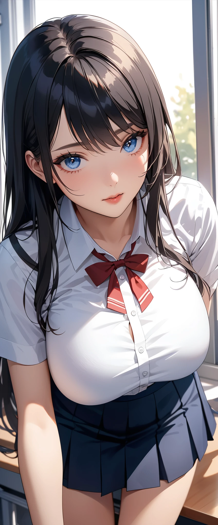(Super detailed), masterpiece, (Best Quality), Real anime style Detailed eyes, Detailed face Detailed hands Fine hair One Girl Black Hair Long Hair Half Up High School Uniform White Shirt Red ribbon on chest Navy blue mini skirt (Big Breasts) only wrist At the window in the classroom evening View here