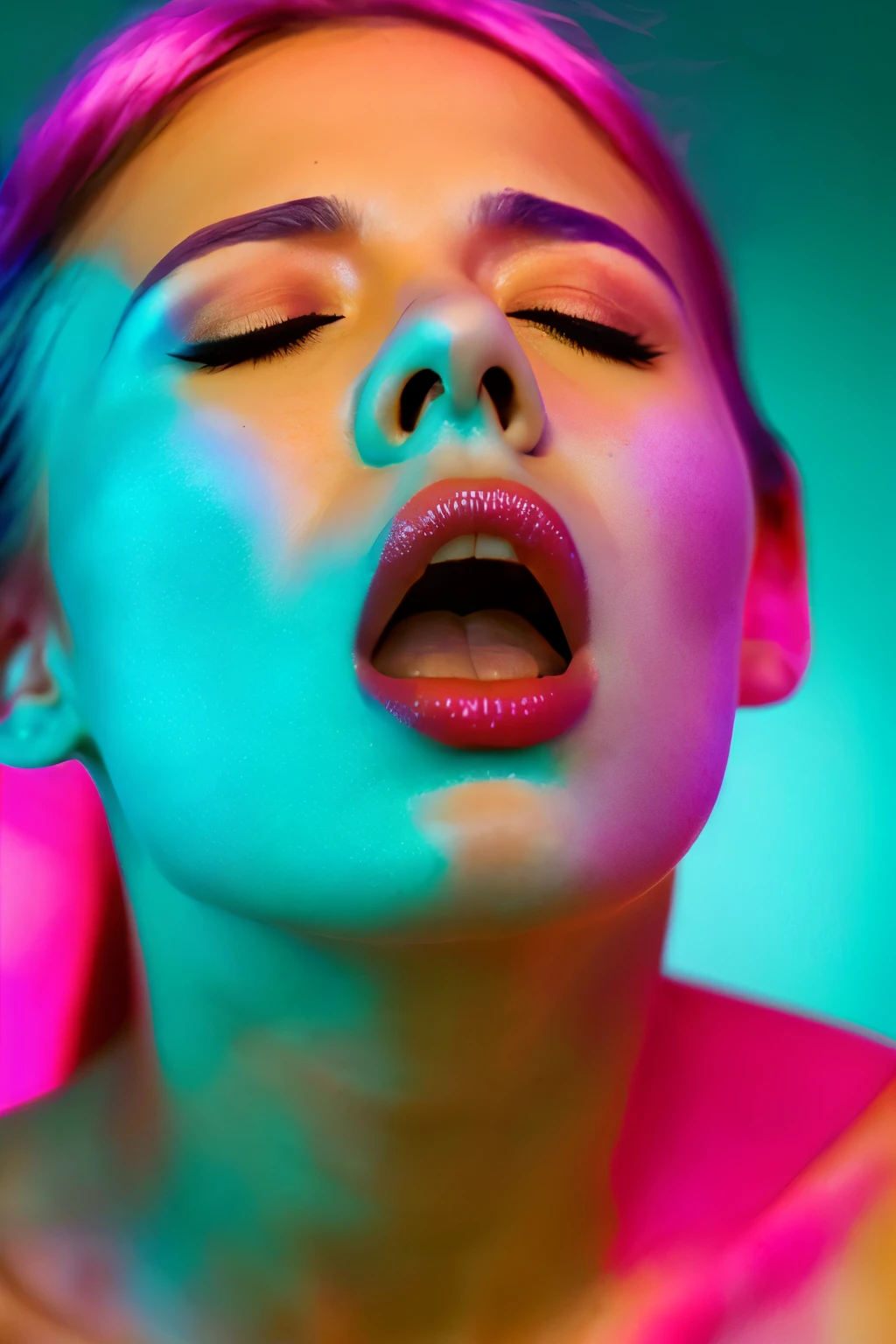 A beautiful model posing for a Vogue magazine cover, in a studio setting with dramatic, colorful lighting. The image captures glamour and sophistication, focusing on realistic skin textures, perfect hair details, flawless makeup, and a striking pose, (((fkface, open mouth, closed eyes))), . Vibrant lights cast soft shadows, highlighting every detail of the scene. The composition follows editorial fashion rules, hyper-realism, with an emphasis on fine details and aesthetic perfection. natural light, 35mm photograph, film, professional, 4k, highly detailed, Golden hour lighting. Depth of field F2. Rule of Thirds Composition. (((Colorful lighting, cinematic gradient lighting background))).
