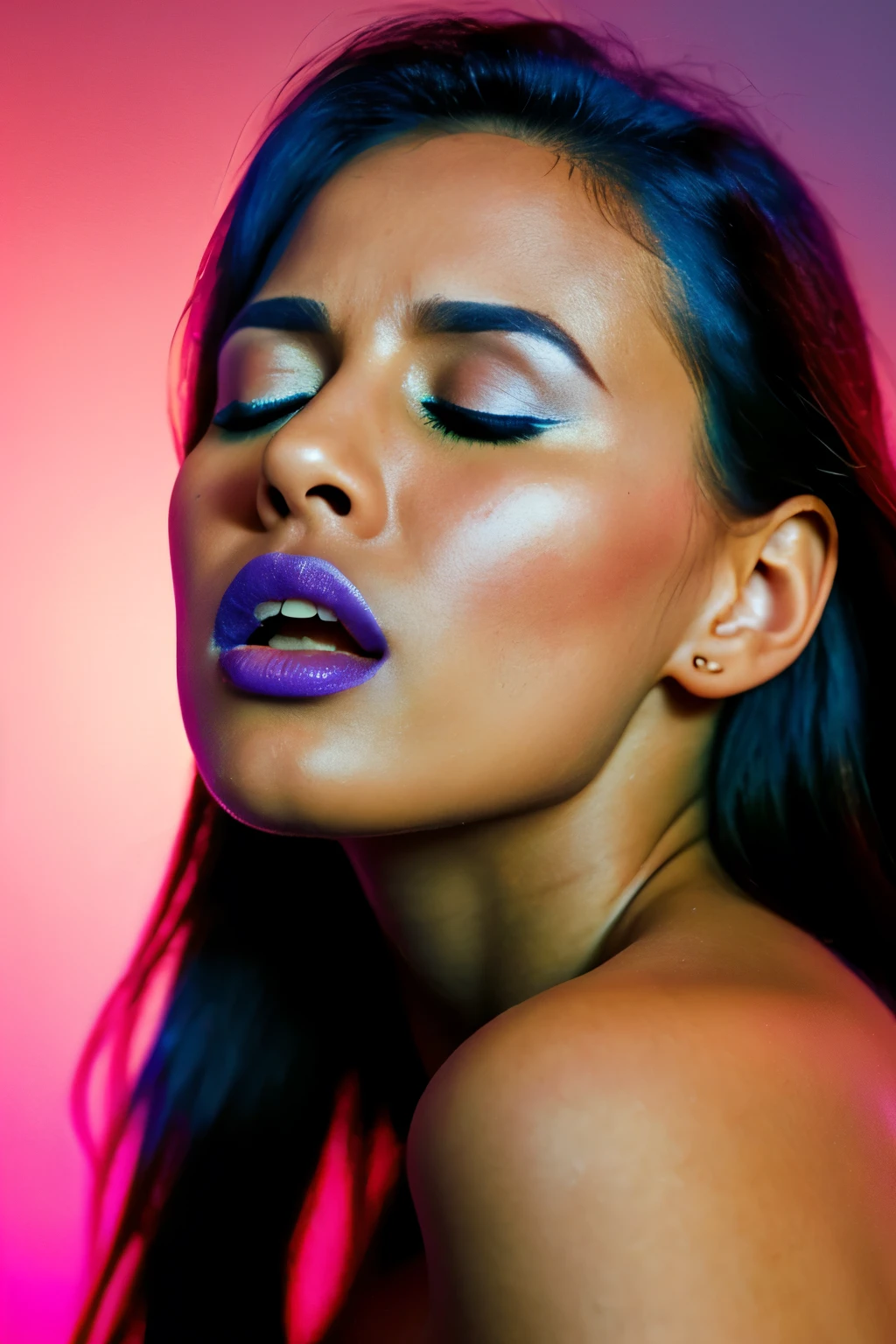 A beautiful model posing for a Vogue magazine cover, in a studio setting with dramatic, colorful lighting. The image captures glamour and sophistication, focusing on realistic skin textures, perfect hair details, flawless makeup, and a striking pose, (((fkface, open mouth, closed eyes))), . Vibrant lights cast soft shadows, highlighting every detail of the scene. The composition follows editorial fashion rules, hyper-realism, with an emphasis on fine details and aesthetic perfection. natural light, 35mm photograph, film, professional, 4k, highly detailed, Golden hour lighting. Depth of field F2. Rule of Thirds Composition. (((Colorful lighting, cinematic gradient lighting background))).
