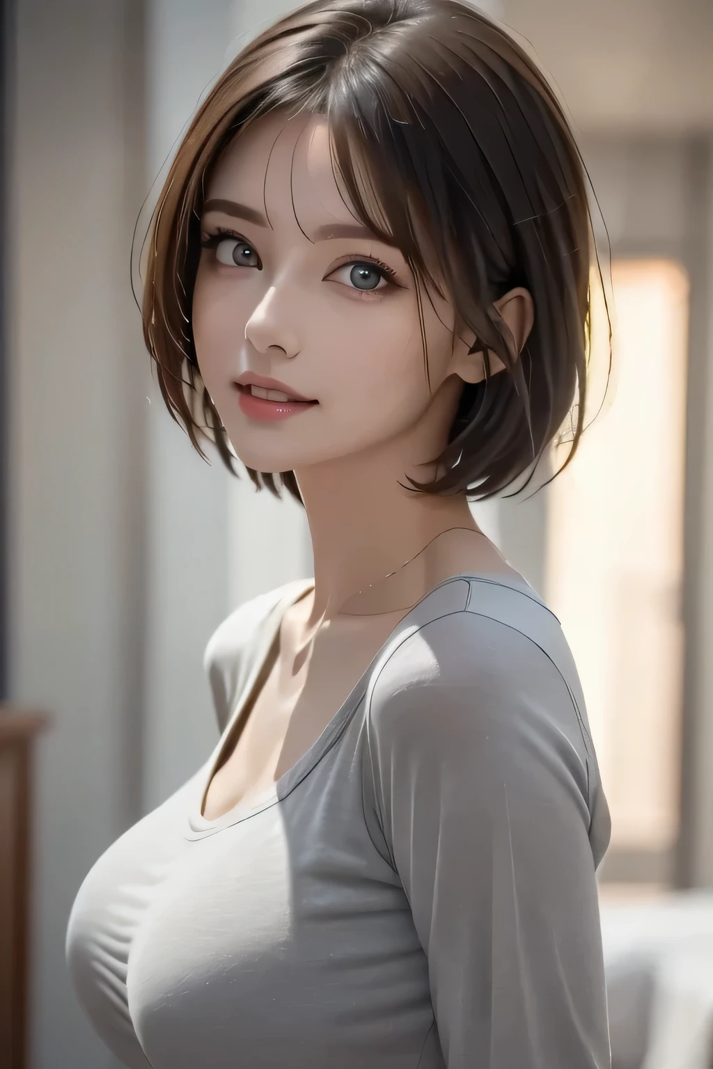 (8k Ultra HD、RAW photograph、Model photo shoot、masterpiece, Best Quality, photoGenuineistic, High resolution, photograph: 1.3), close, concentrated, Hot Models, (1. Mature Woman)、short hair、Dark Brown Hair、Beautiful Eyes Details、((Big Breasts)), Genuine Skin, (Perfect body), Sexy hot face, Erotic, Sexual perspective, Sweat top, Beautiful Eyes Details、Glossy lips, Bright light、dynamic lighting、Genuine、Super Genuine、 Genuineism、Genuineistic details, Cool Beauty、Cool pose、The background is gray、Plain grey background