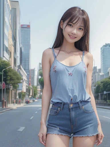 (RAW Photos, highest quality), (Realistic, photo-Realistic:1.3),highest quality,Very detailed,masterpiece,Super detailed,figure,One girl,upper_body,Dynamic Angle,world masterpiece theater,Messy_length_hair,highest quality,Very detailed CG Unity 8k wallpaper,ink,wonderful,Cinema Lighting,lens_Flare, Dunhuang_style、Full Body、A hyper-realistic image of a person wearing a plain, sheer tank top and denim shorts, Super detailedなキャラクター, Beautiful female tank top girl,Flawless, smooth skin,Eyes that sparkle like the Milky Way,Full Body,The Japan beautiful girl of the world、Looking up、Shui Shui Yun 8K,Multi-exposure Image of a clear tropical sky Slightly moist skin and clothes