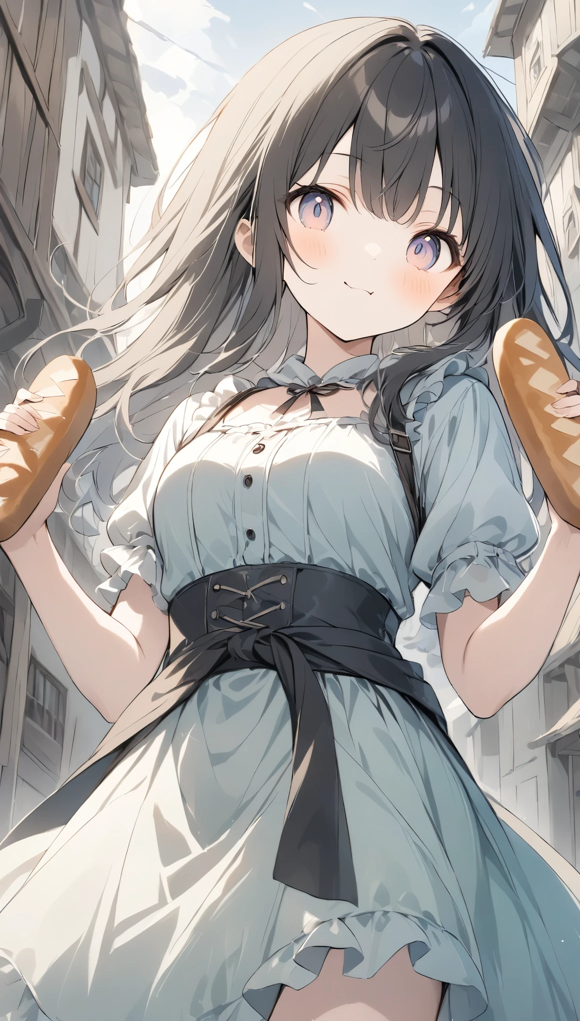 The pale line art and pale colors create a dreamy and ephemeral impression.,Black Hair、Semi-long、model posing、Staring at me strangely、Light effects、Medieval town girl、Brown, plain, subdued clothing、White apron to wear around the waist、Eat bread with both hands、Swollen cheeks、A delicious looking face