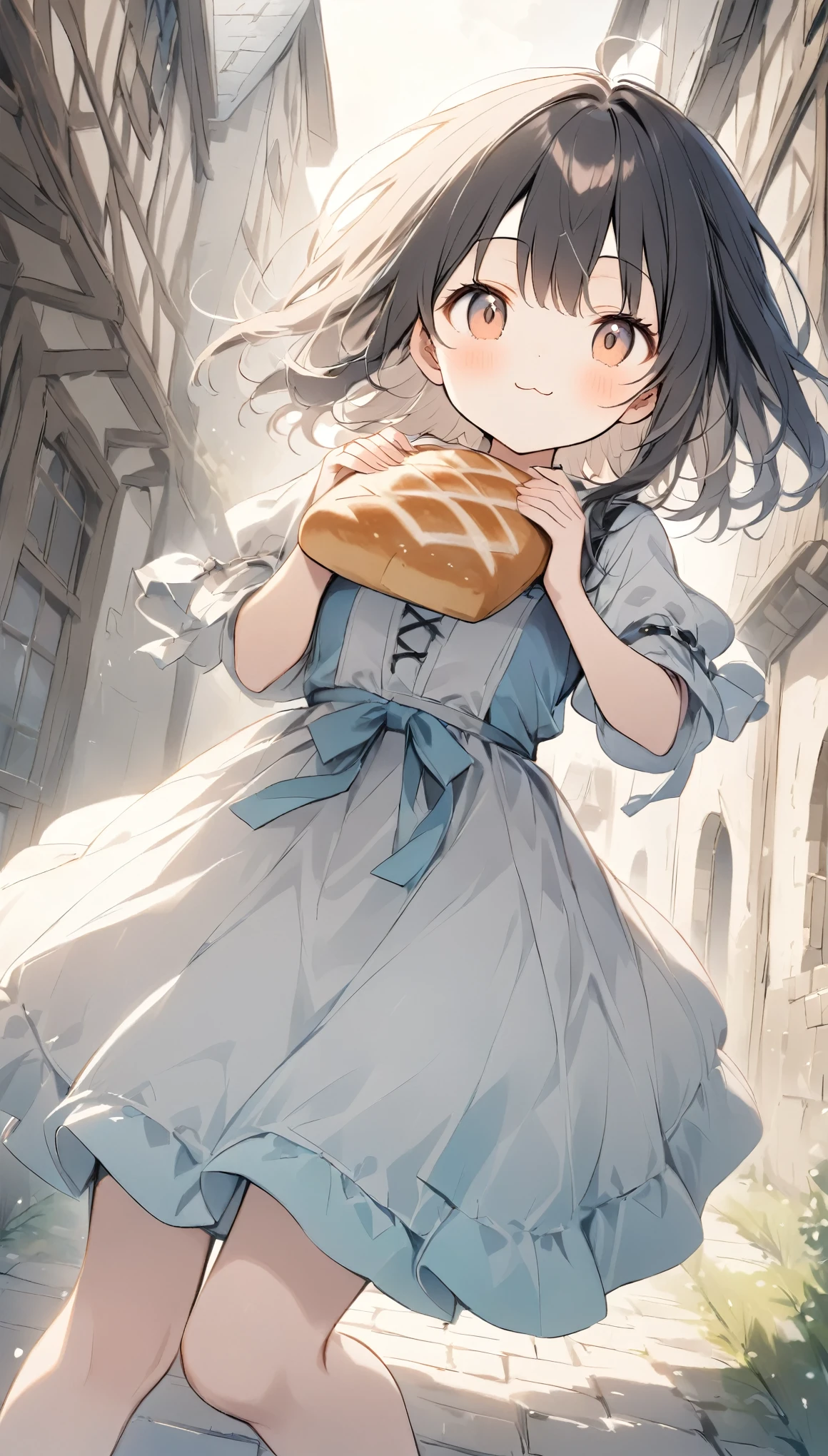 The pale line art and pale colors create a dreamy and ephemeral impression.,Black Hair、Semi-long、model posing、Staring at me strangely、Light effects、Medieval town girl、Brown, plain, subdued clothing、White apron to wear around the waist、Eat bread with both hands、Swollen cheeks、:3,smile,Red cheeks