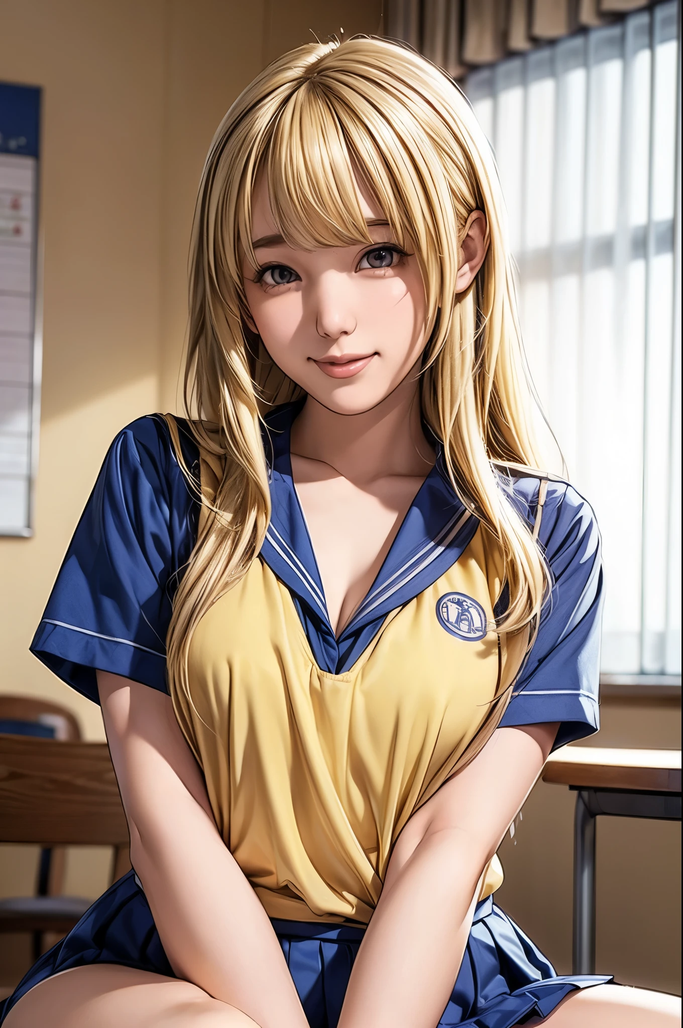 A young woman, solo, wearing a sailor uniform, sitting in a classroom, (School 1.5 in the background), (Serious expression, Hot 1.5), (highest quality: 1.1), (masterpiece: 1.3), with an unparalleled masterpiece, Surreal 8K, Perfect artwork, Super detailed, highest quality, masterpiece 4K wallpaper aesthetics, masterpiece, Award-winning works, Official Art, Cinema Lighting, Small Breasts, long straight hair, (((blonde hair))), ((smile)),