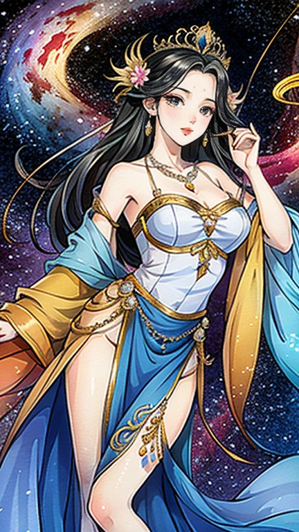 Background: universe, fortune teller, female, tarot reading, glitter, waves, dragon