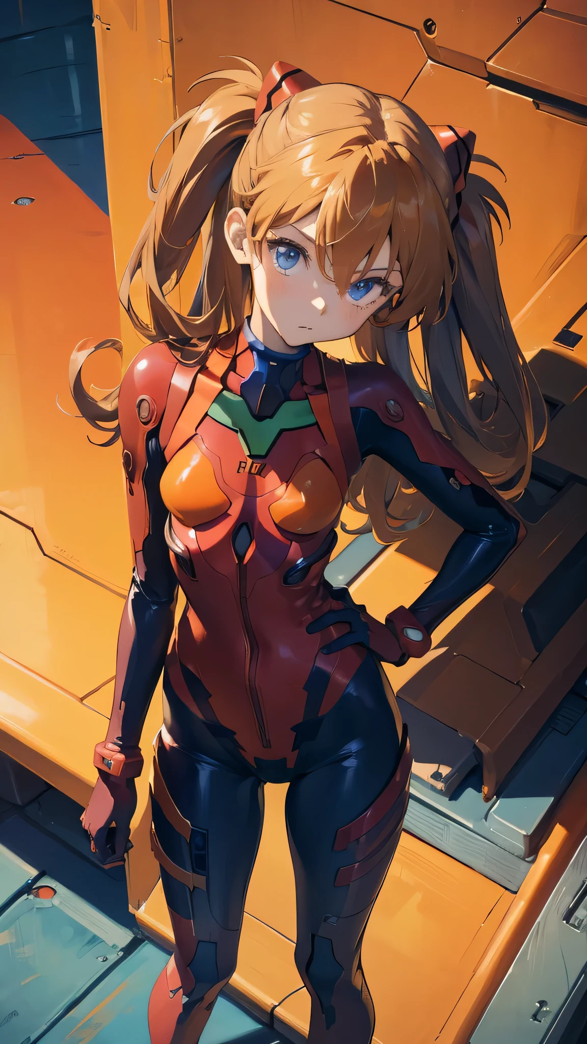 (masterpiece), best quality, expressive eyes, perfect face, 1girl, solo, souryuu asuka langley, interface headset, red bodysuit, hands on waist, standing, hand raised, pointed at the viewer, laboratory background, portrait, looking at the viewer, from above