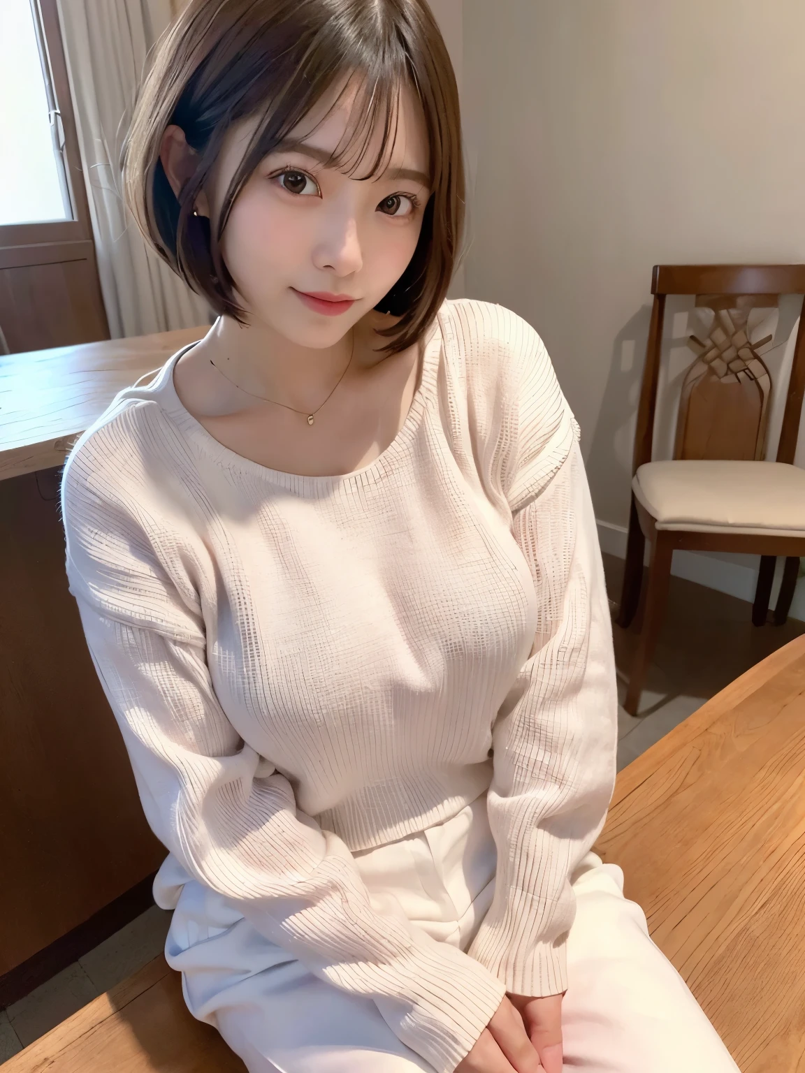 ((Top Quality, 8k, Masterpiece: 1.3)), ((1 girl)), woman, (Huge Breasts:1.2), ((Light pink knit top)), ((paired with white casual pants)), sitting at a table with books and papers, Posing like a model, gold earring, (Women in Japan:1.05), ((short bob hair)), diffused natural skin glow, physically-based rendering, extra detailed face, Detailed skin, mole:0.1, In a cozy living room, sitting at a table with books and notes, in a peaceful and homey setting