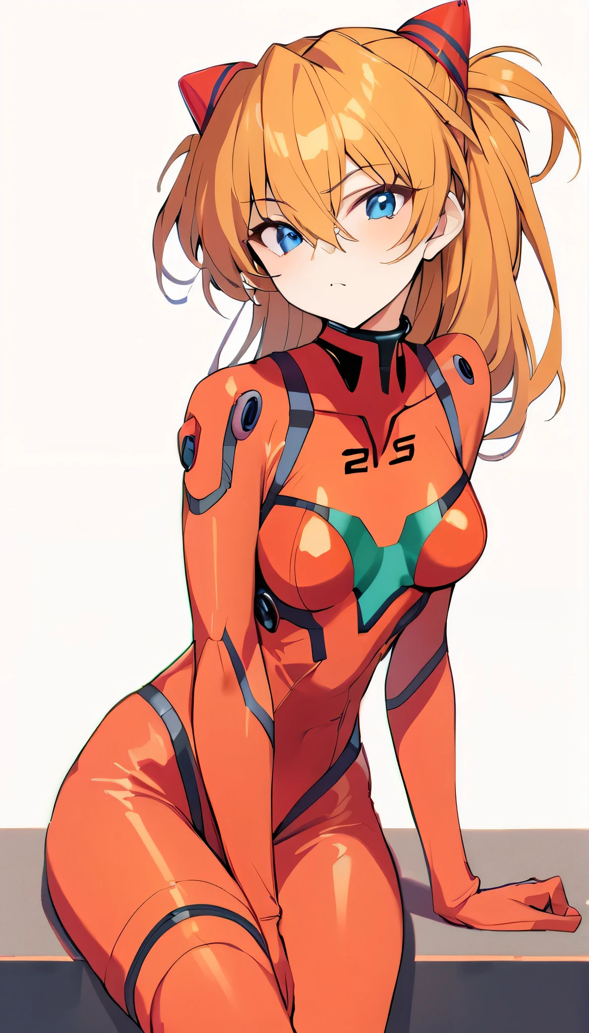 masterpiece, best quality,  ï¼souryuu asuka langleyï¼1girl, solo, plugsuit, breasts, long_hair, red_bodysuit, orange_hair, bodysuit, looking_at_viewer, white_background, medium_breasts, blue_eyes, simple_background, hair_between_eyes, sitting, interface_headset, bangs, closed_mouth