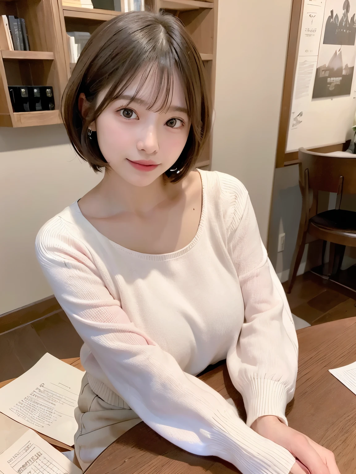 ((Top Quality, 8k, Masterpiece: 1.3)), ((1 girl)), woman, (Huge Breasts:1.2), ((Light pink knit top)), ((paired with white casual pants)), sitting at a table with books and papers, Posing like a model, gold earring, (Women in Japan:1.05), ((short bob hair)), diffused natural skin glow, physically-based rendering, extra detailed face, Detailed skin, mole:0.1, In a cozy living room, sitting at a table with books and notes, in a peaceful and homey setting