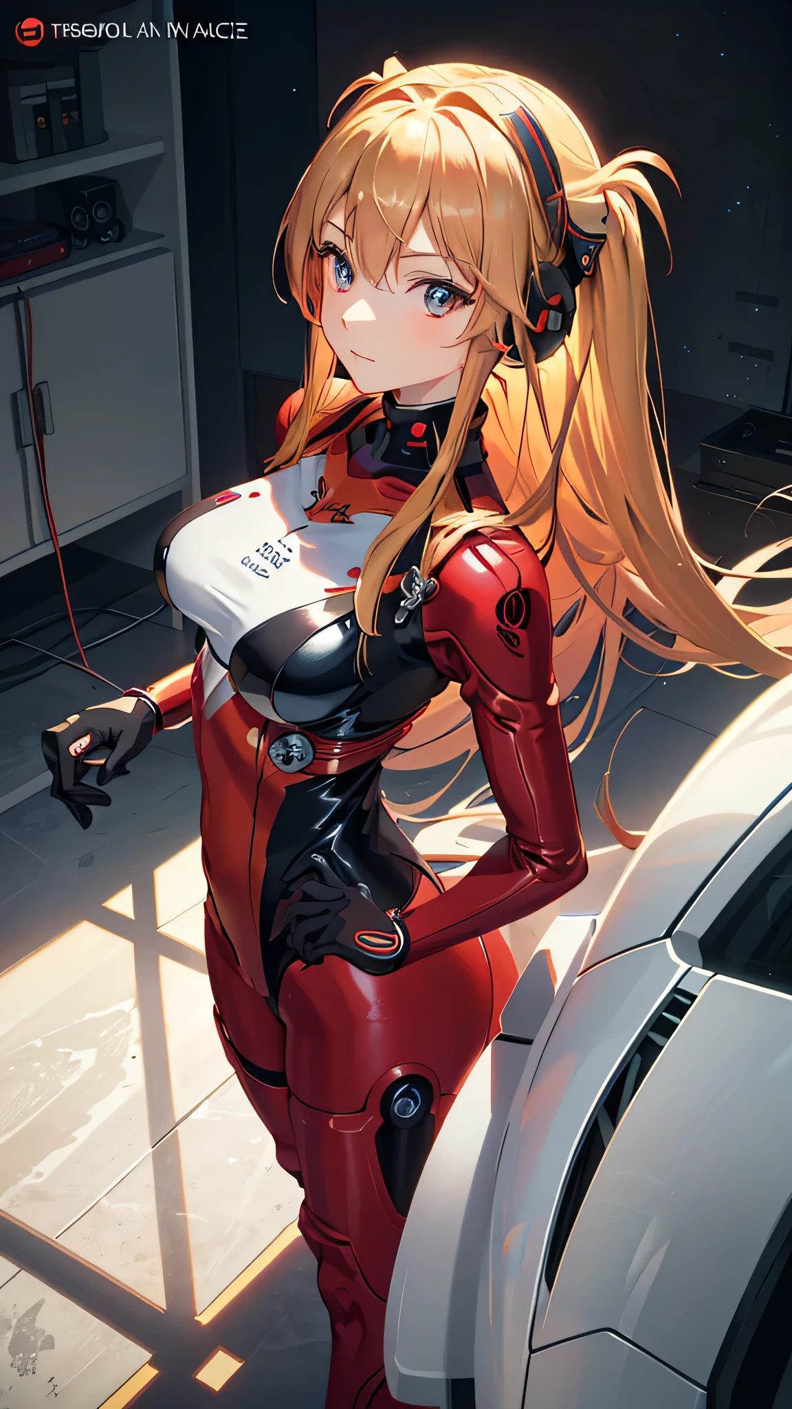 (Overhead view),dynamic angle,ultra-detailed, illustration, close-up, straight on, 1girl, 
 ((souryuu asuka langley, interface headset, red bodysuit:1.4, blonde)),Her eyes shone like dreamy stars,(glowing eyes:1.233),(beautiful and detailed eyes:1.1),(expressionless,closed mouth),(standing), 
(mechanic room with toolsand spaceship windowin a white SPACESHIP),
(night:1.2),dreamy, [[delicate fingers and hands:0.55]::0.85],(detail fingers),