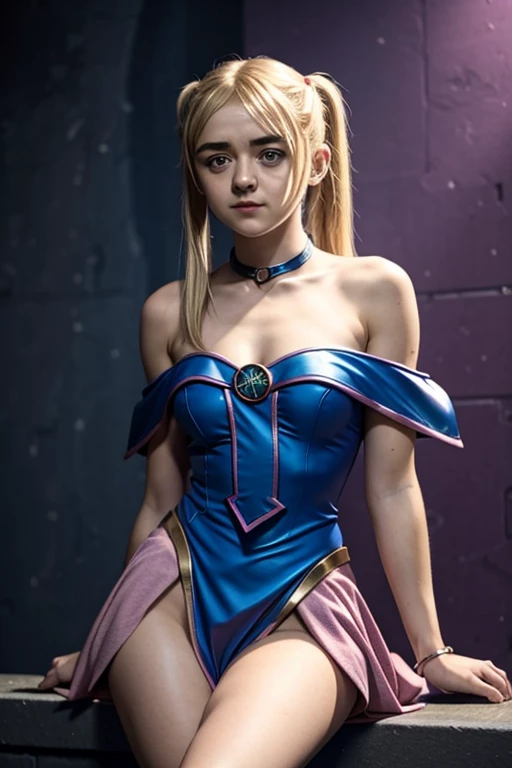 young blonde maisie williams in a dark magician girl costume from yugioh, (pink and blue outfit, bare shoulders, short outfit, strapless), (very long hair, blonde hair, straight hair, long_pigtails), stunning sexy pose, magic_colorful_background, (beautiful face, gentle closed-mouth grin), no-necklace, high resolution, female, 4k, full-body_shot 