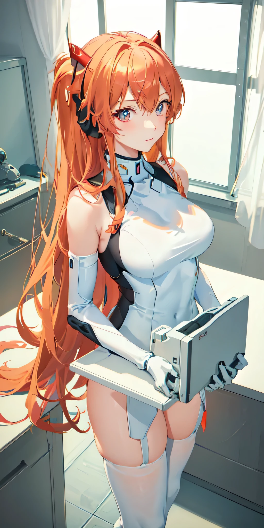 (Overhead view),dynamic angle,ultra-detailed, illustration, close-up, straight on, 1girl, 
 ((souryuu asuka langley, interface headset, red bodysuit:1.4, blonde)),Her eyes shone like dreamy stars,(glowing eyes:1.233),(beautiful and detailed eyes:1.1),(expressionless,closed mouth),(standing), 
(mechanic room with toolsand spaceship windowin a white SPACESHIP),
(night:1.2),dreamy, [[delicate fingers and hands:0.55]::0.85],(detail fingers),