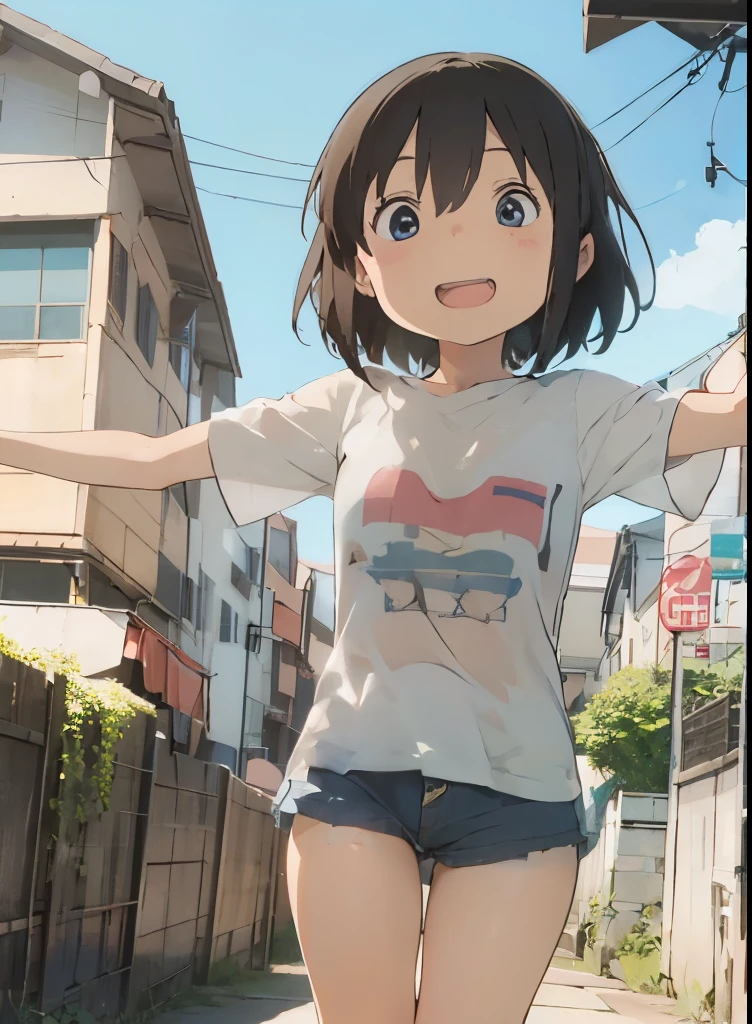 Anime girl in short shorts and a t - shirt standing on a street - SeaArt AI