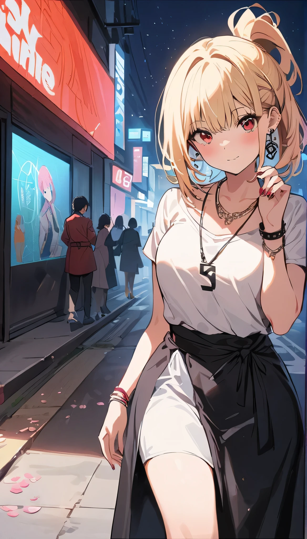 masterpiece, best quality, whole body, A girl, Long blond hair，blue eyes, black necklace, blush, bracelet, Chest, necklace, clothes surrounding area waist, clavicle, Cowboy shooting, ear Earrings, Eyebrows visible through hair, fix, Jewelry, someone, Long blond hair, Viewer, Earrings, Red Eyes, ring, , High-end designer clothing，White top，Black hip skirt，solitary, street, invalid, Cherry blossoms, petal,number, Fashionable, miss, Full of energy, tracing, front, Colorful, Dynamic, background, element, Have confidence, Performance, Keep, statement, Accessories, majestic, curly, surrounding area, Touch, Scenes, cover, bold, attract attention, Touch, modern, trend, concentrated, Fashion,((masterpiece)), best quality, absurdes, Very detailed, holographic, Cowboy shooting, Golden Ratio, Very cute girl, aldult, very beautiful, super beautiful asian girl，Has super beautiful blue eyes, very beautiful white hair, Radiant Skin, High Ponytail, Beautiful sexy body, delicate, Perfect body,