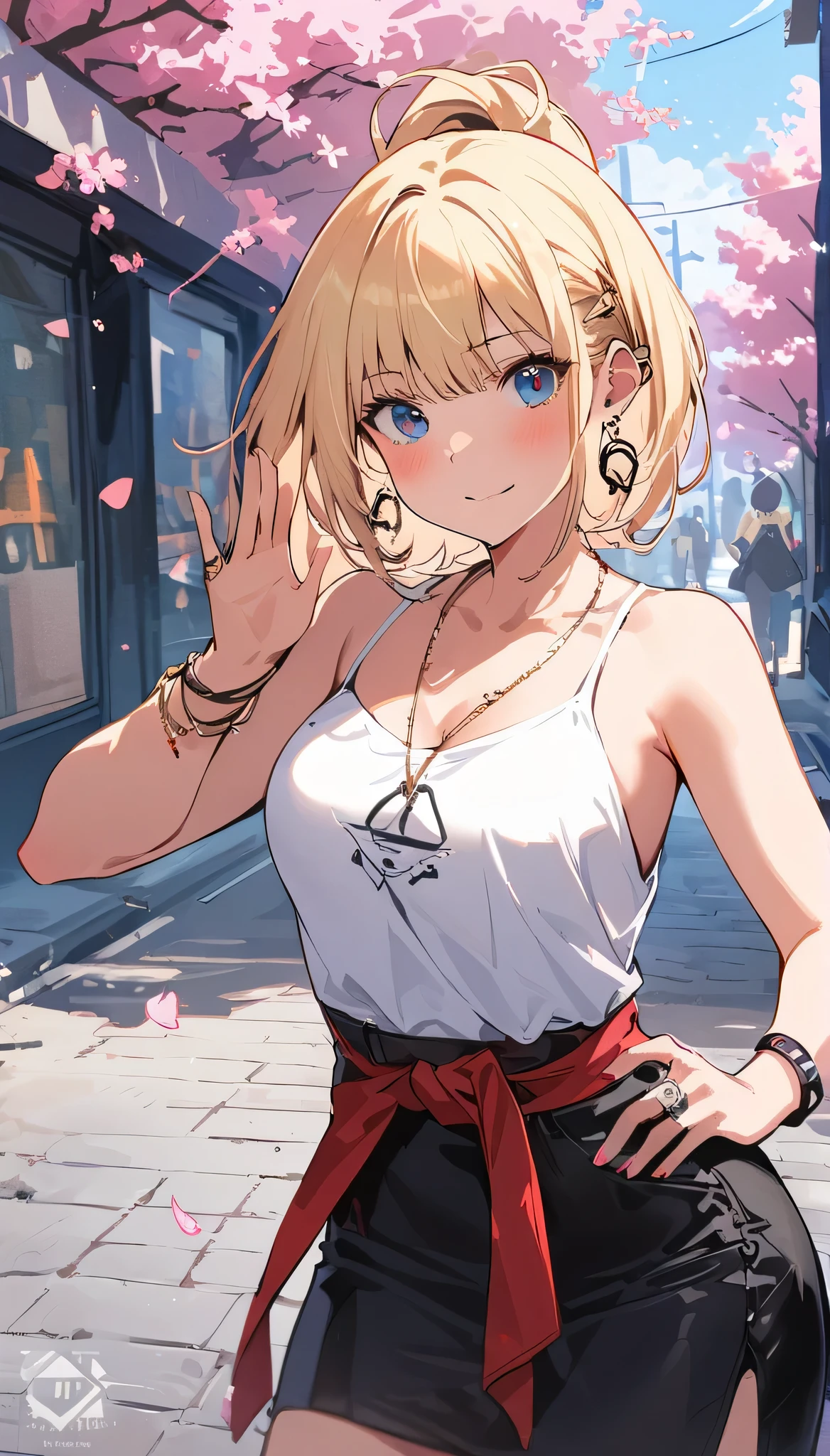 masterpiece, best quality, whole body, A girl, Long blond hair，blue eyes, black necklace, blush, bracelet, Chest, necklace, clothes surrounding area waist, clavicle, Cowboy shooting, ear Earrings, Eyebrows visible through hair, fix, Jewelry, someone, Long blond hair, Viewer, Earrings, Red Eyes, ring, , High-end designer clothing，White top，Black hip skirt，solitary, street, invalid, Cherry blossoms, petal,number, Fashionable, miss, Full of energy, tracing, front, Colorful, Dynamic, background, element, Have confidence, Performance, Keep, statement, Accessories, majestic, curly, surrounding area, Touch, Scenes, cover, bold, attract attention, Touch, modern, trend, concentrated, Fashion,((masterpiece)), best quality, absurdes, Very detailed, holographic, Cowboy shooting, Golden Ratio, Very cute girl, aldult, very beautiful, super beautiful asian girl，Has super beautiful blue eyes, very beautiful white hair, Radiant Skin, High Ponytail, Beautiful sexy body, delicate, Perfect body,