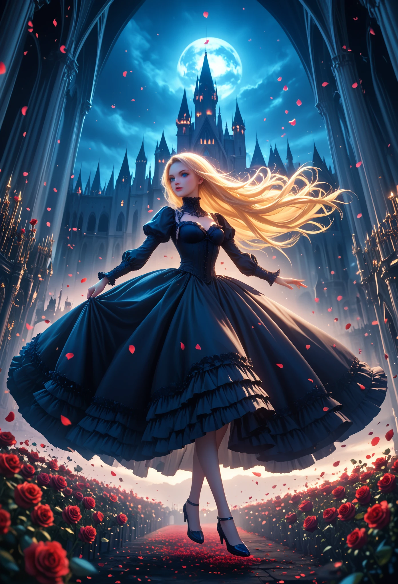 very detailed 8k wallpaper, masterpiece, top quality, ultra detailed, better lighting, best shadow, extremely delicate and beautiful, floating, high saturation, blonde hair+Blue eyes:1.2, dark gothic landscape, Long hair, look into the distance. Beautiful girl with long blonde hair and sparkling blue eyes, gothic lighting, background Castle Dark Colors, Black Roses, Petals are flying, fluffy dress, masterpiece, bright colors, Maximum Quality, Maximum Detailing, complex details,