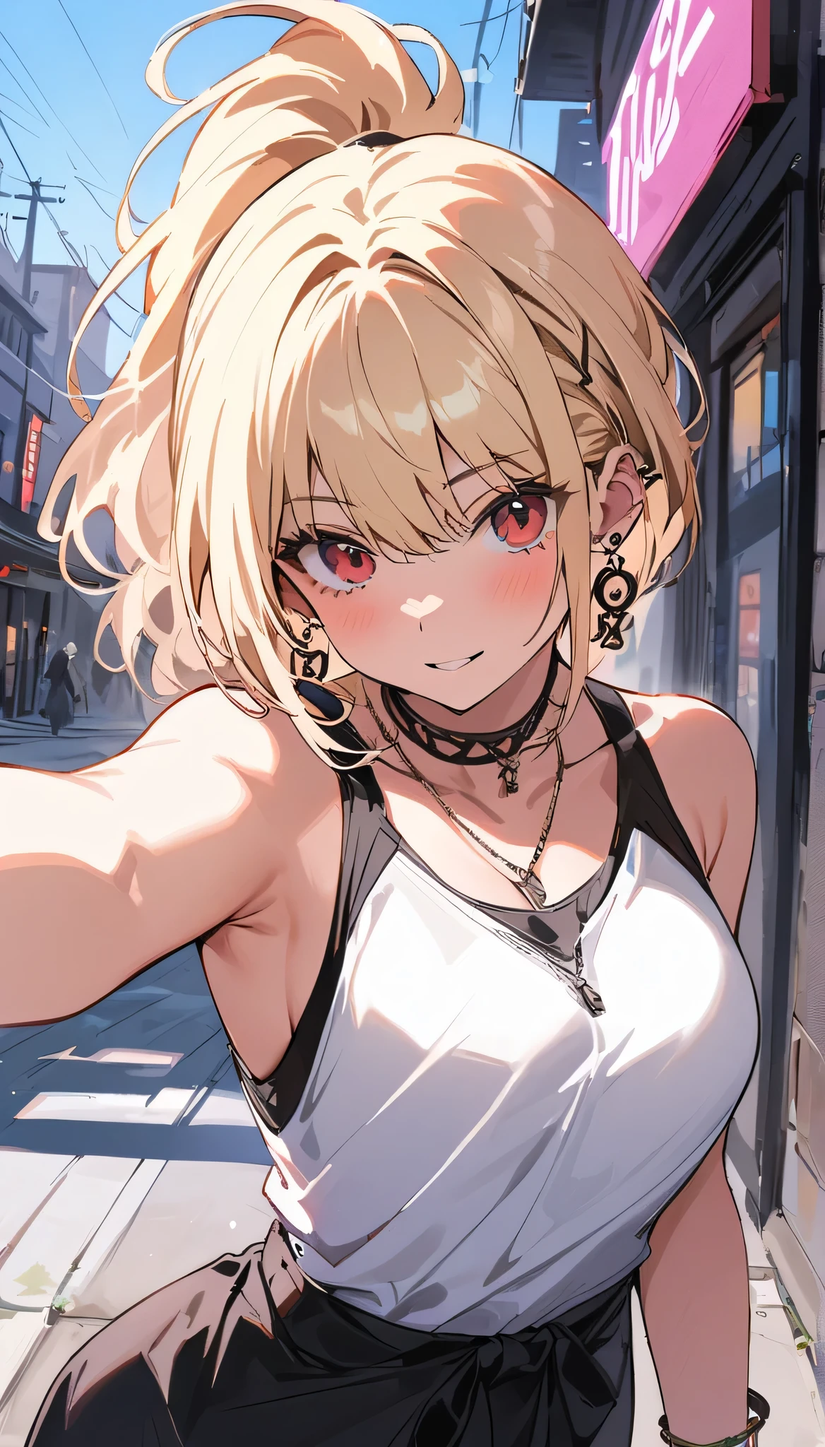 masterpiece, best quality, whole body, A girl, Long blond hair，blue eyes, black necklace, blush, bracelet, Chest, necklace, clothes surrounding area waist, clavicle, Cowboy shooting, ear Earrings, Eyebrows visible through hair, fix, Jewelry, someone, Long blond hair, Viewer, Earrings, Red Eyes, ring, , High-end designer clothing，White top，Black hip skirt，solitary, street, invalid, Cherry blossoms, petal,number, Fashionable, miss, Full of energy, tracing, front, Colorful, Dynamic, background, element, Have confidence, Performance, Keep, statement, Accessories, majestic, curly, surrounding area, Touch, Scenes, cover, bold, attract attention, Touch, modern, trend, concentrated, Fashion,((masterpiece)), best quality, absurdes, Very detailed, holographic, Cowboy shooting, Golden Ratio, Very cute girl, aldult, very beautiful, super beautiful asian girl，Has super beautiful blue eyes, very beautiful white hair, Radiant Skin, High Ponytail, Beautiful sexy body, delicate, Perfect body,