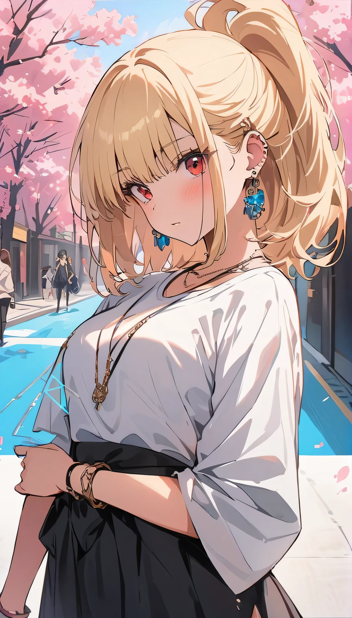 masterpiece, best quality, whole body, A girl, Long blond hair,blue eyes, black necklace, blush, bracelet, Chest, necklace, clothes surrounding area waist, clavicle, Cowboy shooting, ear Earrings, Eyebrows visible through hair, fix, Jewelry, someone, Long blond hair, Viewer, Earrings, Red Eyes, ring, , High-end designer clothing,White top,Black hip skirt,solitary, street, invalid, Cherry blossoms, petal,number, Fashionable, miss, Full of energy, tracing, front, Colorful, Dynamic, background, element, Have confidence, Performance, Keep, statement, Accessories, majestic, curly, surrounding area, Touch, Scenes, cover, bold, attract attention, Touch, modern, trend, concentrated, Fashion,((masterpiece)), best quality, absurdes, Very detailed, holographic, Cowboy shooting, Golden Ratio, Very cute girl, aldult, very beautiful, super beautiful asian girl,Has super beautiful blue eyes, very beautiful white hair, Radiant Skin, High Ponytail, Beautiful sexy body, delicate, Perfect body,