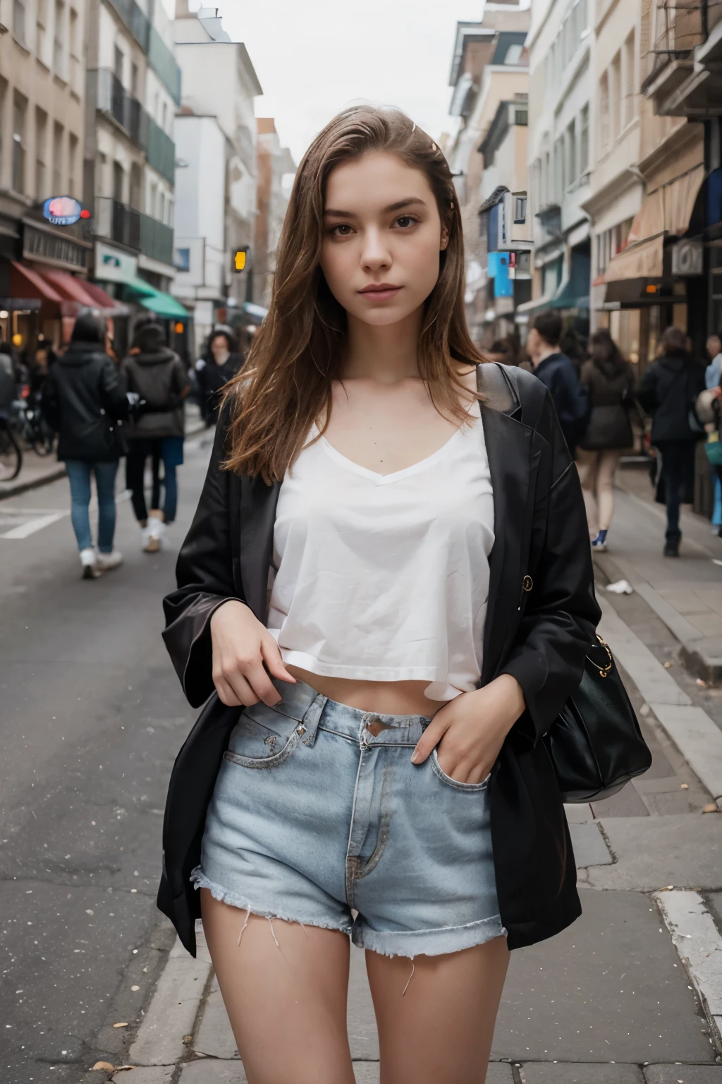 ((best quality)), ((Meisterwerk)), (Detailliert), Perfektes Gesicht, 1.1, Hochdetaillierte Gesichts- und Hautstruktur, Detaillierte Augen, brown eyes, brown colored eyes, cute makeup, Anastasia 24 year old russian, italy vacation, full body picture from far away, cute posing in the city, brandy melville fashion