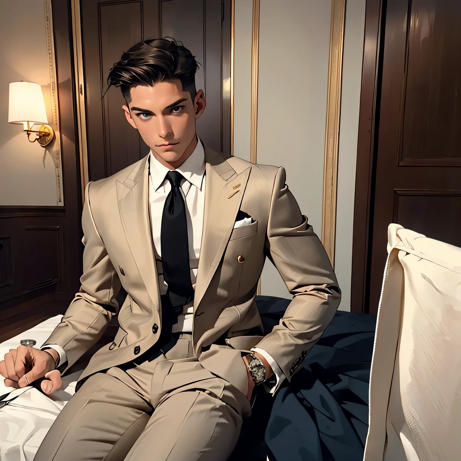 full length photo of a preppy handsome white man with preppy undercut styled brown haircut, blue eyes, most preppy dapper suit ever, gold jewelry, rings, watch, bracelets, tie, suit, dapper elegant fine shoes, thin transparent sheer black socks, He smell a line of maizena on a black plate, seated at table in luxurious mansion dining room