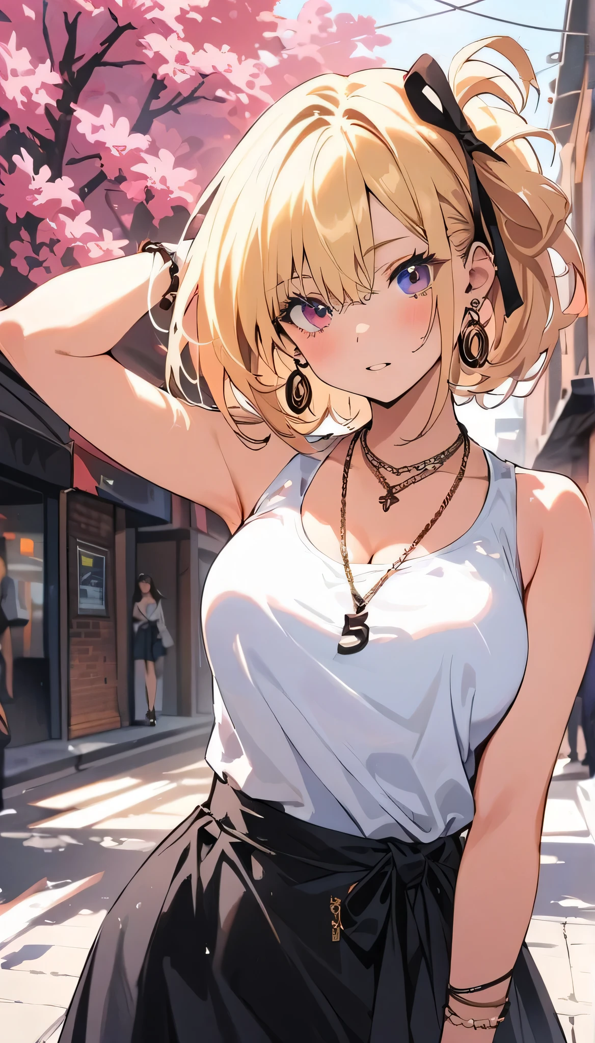 masterpiece, best quality, whole body, A girl, Long blond hair,blue eyes, black necklace, blush, bracelet, Chest, necklace, clothes surrounding area waist, clavicle, Cowboy shooting, ear Earrings, Eyebrows visible through hair, fix, Jewelry, someone, Long blond hair, Viewer, Earrings, Red Eyes, ring, , High-end designer clothing,White top,Black hip skirt,solitary, street, invalid, Cherry blossoms, petal,number, Fashionable, Miss, Full of energy, Pause, front, Colorful, Dynamic, background, element, Have confidence, Performance, Keep, statement, Accessories, majestic, curly, surrounding area, Touch, Scenes, cover, bold, attract attention, Touch, modern, trend, concentrated, Fashion,((masterpiece)), best quality, Absurd, Very detailed, holographic, Cowboy shooting, Golden Ratio, Very cute girl, aldult, very beautiful, Super beautiful Asian girl,has super beautiful blue eyes, very beautiful white hair, Radiant Skin, High Ponytail, Beautiful sexy body, delicate, Perfect body,