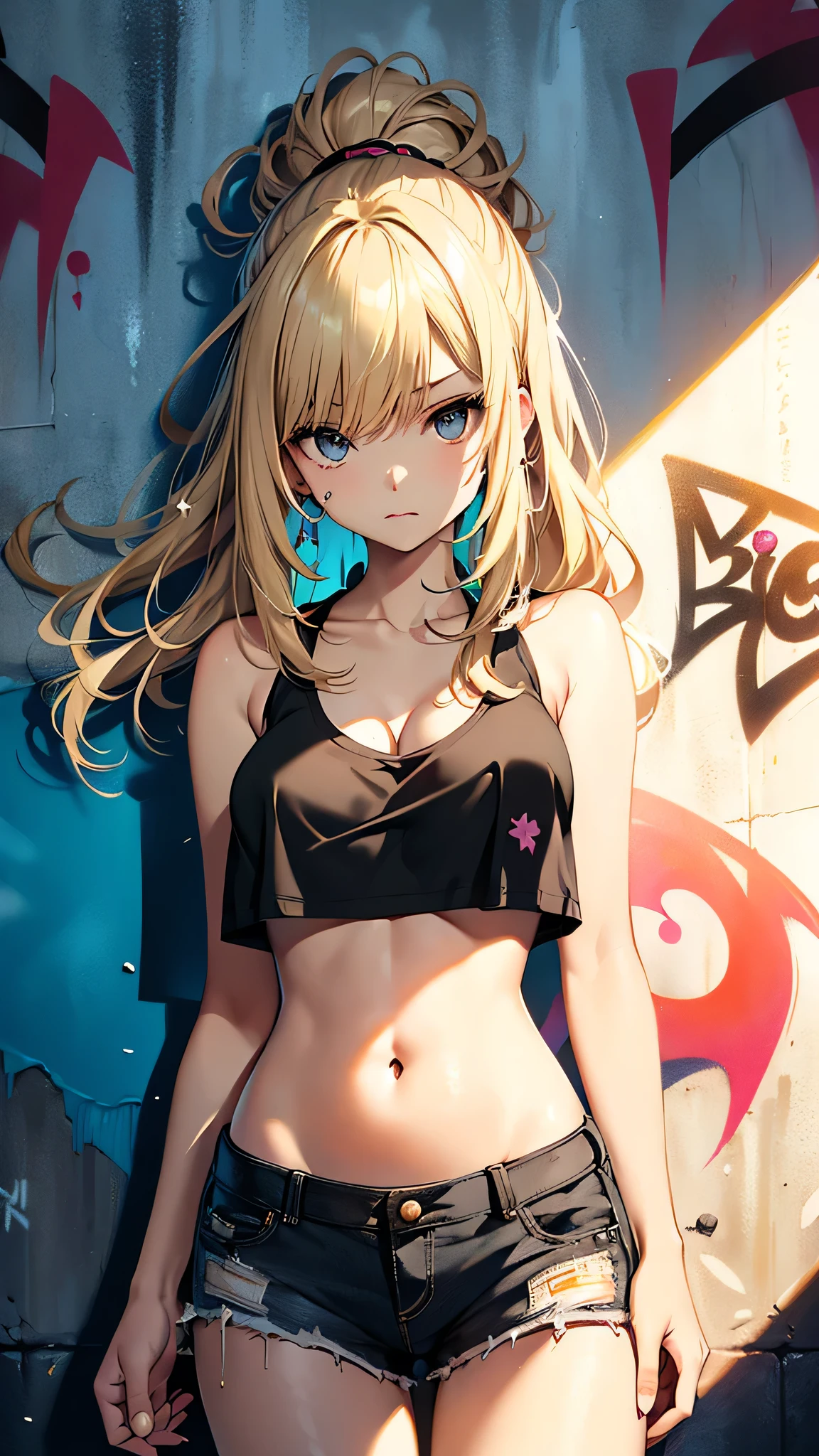 score_9, score_8_superior, score_7_superior, sauce_anime, Expressive, anime, comics,  dynamic, One girl,  Cleavage,Loving girlfriend, makesuperior, Sunburn , two-Toned Up hair, Blue Hair, Gray Hair, choker, jewelry, Tattoo, Wristband, Toned Up, , Earrings,  short hair, Undercut Goth, , (superiorから見た図 ) , Loose-fitting clothing , detailed city background ,