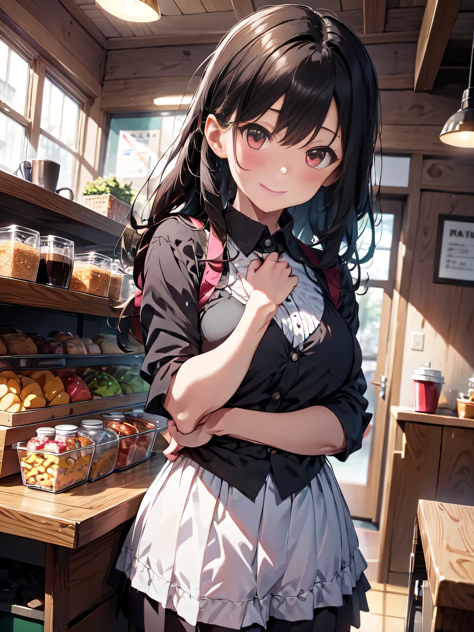 Altas, ultra detailed, (1girl:1.3), (dynamic pose):1.0 INTERVAL, imagem de cowboy, top angle, ((1 extremely cute and cute coffee girl standing at the counter in the café)), box, wearing a gothic lolita maid's outfit, collared shirt and a long pleated green skirt at knee length, black apron, She has two-tailed blonde hair, red hair ribbons, gigantic chest, thin, abs, chibi-character, 6 natural size, detailed clothes, detailed body, Detailed arms, human hands, detailed hands, Blush, embarrassed, light smile, happy, ,light smile, mouth closed, PINK LIPSTICK, surprised, looking at the viewer, facing the viewer, Beautiful model pose, extremely leaning forward towards the viewer, hands on the stomach, studio soft light, Cinematic light, Detailed background, symmetric, hyper-realistic, highly detailed, intricate, Very smooth, sharp focus, Redshift rendering, 8k, Realistic, Ultra-realistic</input></xml>, master part,