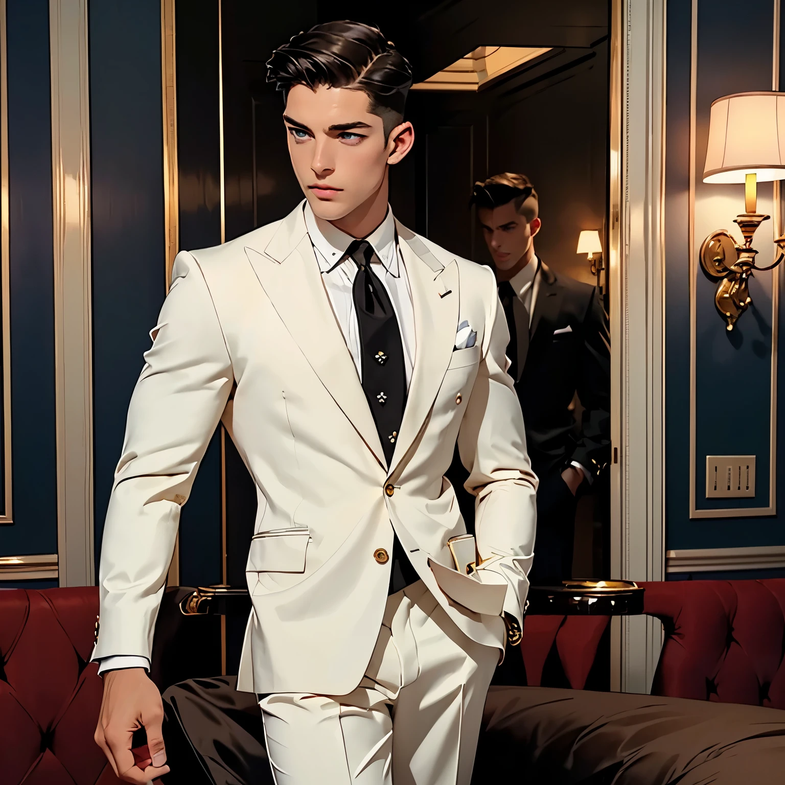 full length photo of a preppy handsome white man with preppy undercut styled brown haircut, blue eyes, most preppy dapper suit ever, gold jewelry, rings, watch, bracelets, tie, suit, dapper elegant fine shoes, thin transparent sheer black socks, He smell a line of maizena on a black plate, seated at table in luxurious mansion dining room