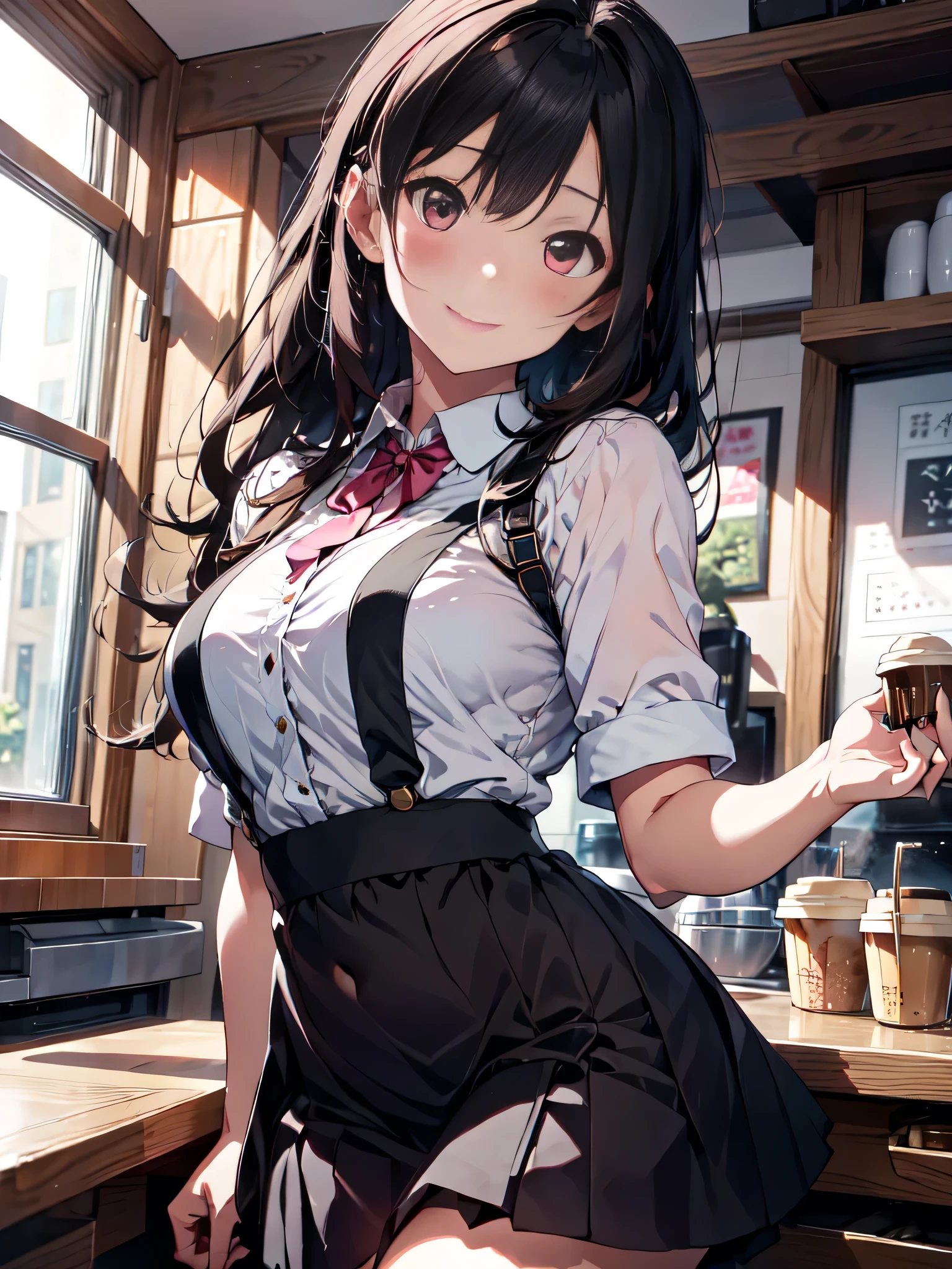 Altas, ultra detailed, (1girl:1.3), (dynamic pose):1.0 INTERVAL, imagem de cowboy, top angle, ((1 extremely cute and cute coffee girl standing at the counter in the café)), box, wearing a gothic lolita maid's outfit, collared shirt and a long pleated green skirt at knee length, black apron, She has two-tailed blonde hair, red hair ribbons, gigantic chest, thin, abs, chibi-character, 6 natural size, detailed clothes, detailed body, Detailed arms, human hands, detailed hands, Blush, embarrassed, light smile, happy, ,light smile, mouth closed, PINK LIPSTICK, surprised, looking at the viewer, facing the viewer, Beautiful model pose, extremely leaning forward towards the viewer, hands on the stomach, studio soft light, Cinematic light, Detailed background, symmetric, hyper-realistic, highly detailed, intricate, Very smooth, sharp focus, Redshift rendering, 8k, Realistic, Ultra-realistic</input></xml>, master part,