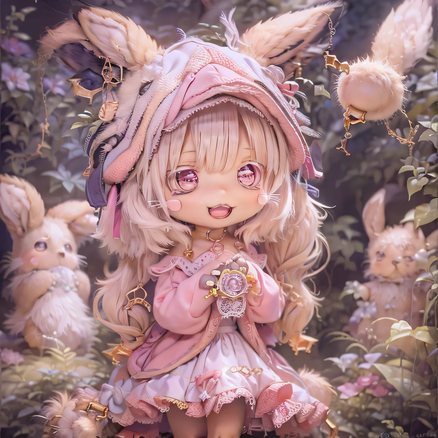 in the garden, smile, Similar to Nanachi from Made in Abyss. She is beautiful, Beautiful eyes and lips.  (((chibi style,))) . The image quality is excellent, Highly detailed and realistic features. The medium of this work is、A combination of illustration and photorealistic rendering.. The colors are vivid、The lighting creates a warm and bright atmosphere。 whole body(((((Cute Pink Dress)))))Contrasting cute poses