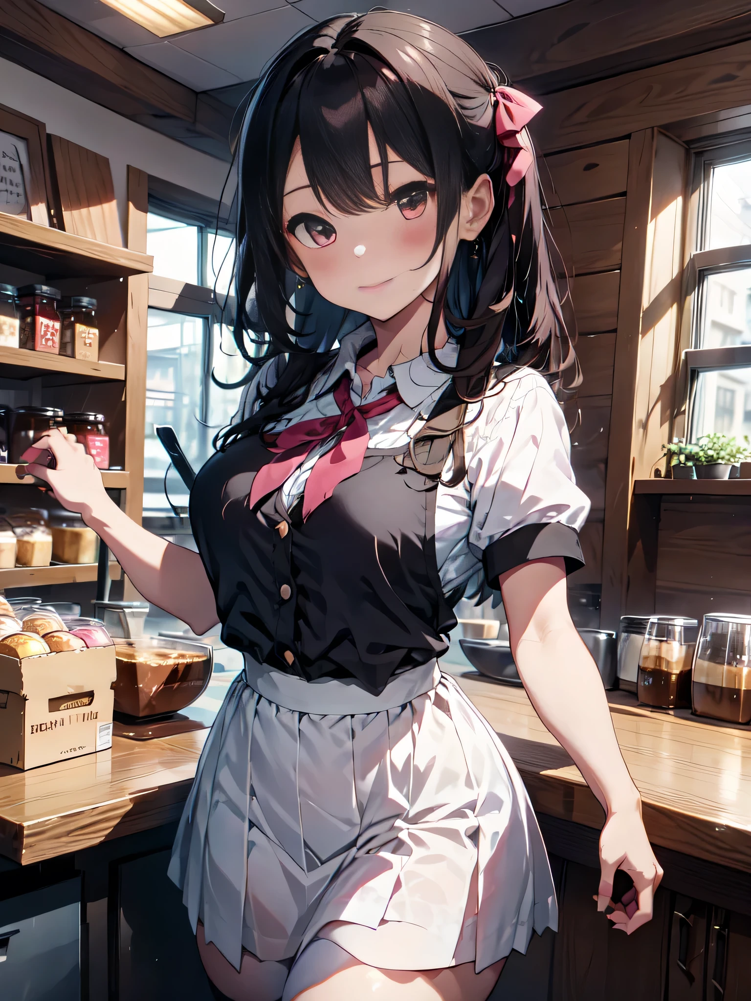 Altas, ultra detailed, (1girl:1.3), (dynamic pose):1.0 INTERVAL, imagem de cowboy, top angle, ((1 extremely cute and cute coffee girl standing at the counter in the café)), box, wearing a gothic lolita maid's outfit, collared shirt and a long pleated green skirt at knee length, black apron, She has two-tailed blonde hair, red hair ribbons, gigantic chest, thin, abs, chibi-character, 6 natural size, detailed clothes, detailed body, Detailed arms, human hands, detailed hands, Blush, embarrassed, light smile, happy, ,light smile, mouth closed, PINK LIPSTICK, surprised, looking at the viewer, facing the viewer, Beautiful model pose, extremely leaning forward towards the viewer, hands on the stomach, studio soft light, Cinematic light, Detailed background, symmetric, hyper-realistic, highly detailed, intricate, Very smooth, sharp focus, Redshift rendering, 8k, Realistic, Ultra-realistic</input></xml>, master part,