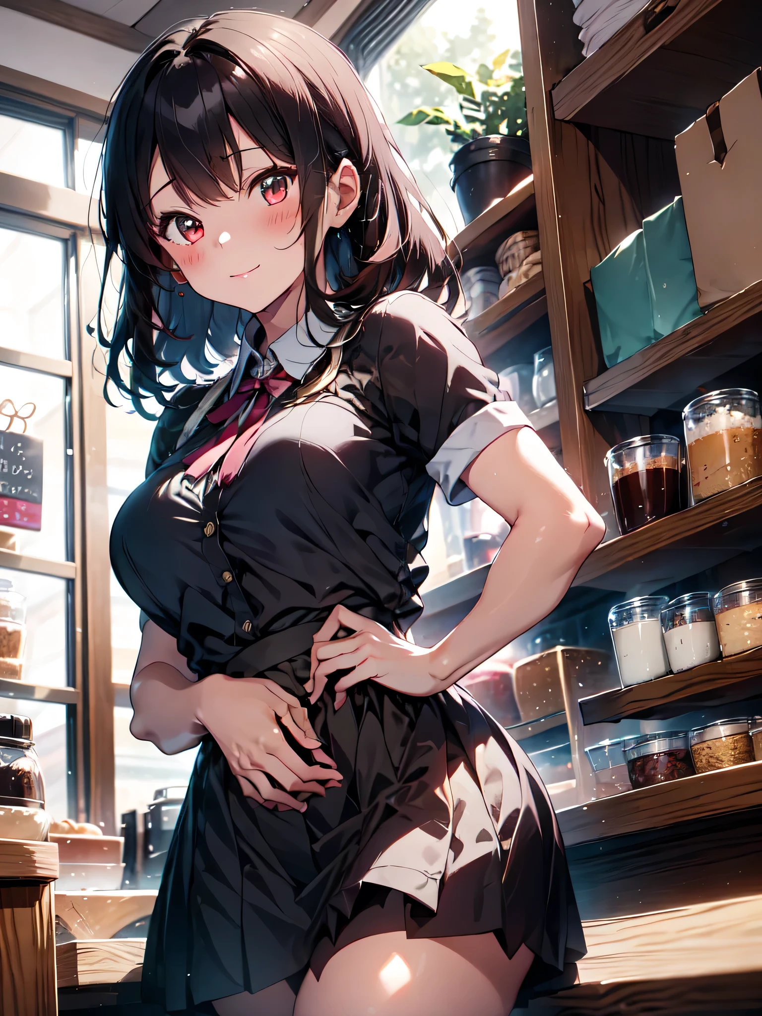 Altas, ultra detailed, (1girl:1.3), (dynamic pose):1.0 INTERVAL, imagem de cowboy, top angle, ((1 extremely cute and cute coffee girl standing at the counter in the café)), box, wearing a gothic lolita maid's outfit, collared shirt and a long pleated green skirt at knee length, black apron, She has two-tailed blonde hair, red hair ribbons, gigantic chest, thin, abs, chibi-character, 6 natural size, detailed clothes, detailed body, Detailed arms, human hands, detailed hands, Blush, embarrassed, light smile, happy, ,light smile, mouth closed, PINK LIPSTICK, surprised, looking at the viewer, facing the viewer, Beautiful model pose, extremely leaning forward towards the viewer, hands on the stomach, studio soft light, Cinematic light, Detailed background, symmetric, hyper-realistic, highly detailed, intricate, Very smooth, sharp focus, Redshift rendering, 8k, Realistic, Ultra-realistic</input></xml>, master part,