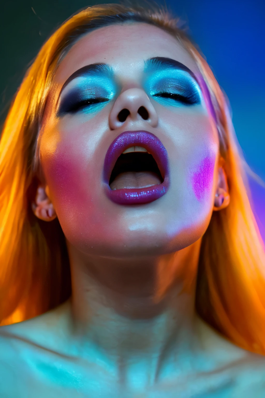 A beautiful model posing for a Vogue magazine cover, in a studio setting with dramatic, colorful lighting. The image captures glamour and sophistication, focusing on realistic skin textures, perfect hair details, flawless makeup, and a striking pose, ((Blond pretty Gir))l, (((fkface, open mouth, pleasure face))), . Vibrant lights cast soft shadows, highlighting every detail of the scene. The composition follows editorial fashion rules, hyper-realism, with an emphasis on fine details and aesthetic perfection. natural light, 35mm photograph, film, professional, 4k, highly detailed, Golden hour lighting. Depth of field F2. Rule of Thirds Composition. (((Colorful lighting, cinematic gradient lighting background))).
