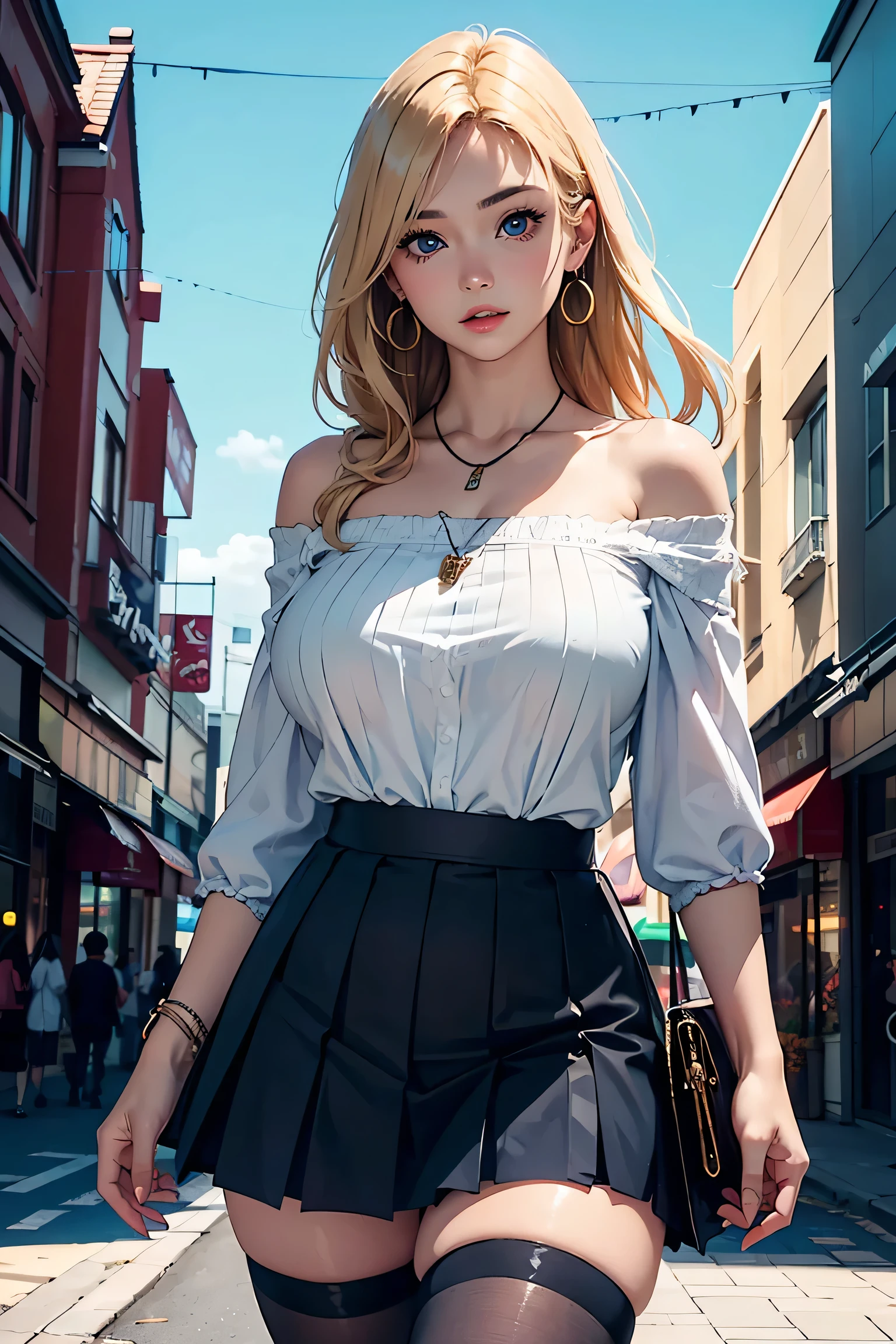 ((masterpiece, highest quality, High resolution, Hmm, RTX, perfect pixel, Depth of the bounds written, 4k, very detailed))), 1 girl, single, alone, beautiful anime girl, beautiful art style, anime character, ((long hair, parted bangs, middle part bangs, blonde hair)), ((blue eyes:1.4, round eyes, beautiful eyelashes, realistic eyes)), ((detailed face, blush:1.2)), ((smooth texture:0.75, realistic texture:0.65, realistic:1.1, Anime CG style, Bright colors)), ((medium breasts, cleavage:0.9, Big breasts)), dynamic angle, perfect body, ((throw, dynamic pose, close)), ((white sweater, long sleeve, black skirt, Women's Belts, Snazzy, single handbag, 1 Diamond Necklace)), open your mouth, embarrassing, amusement park