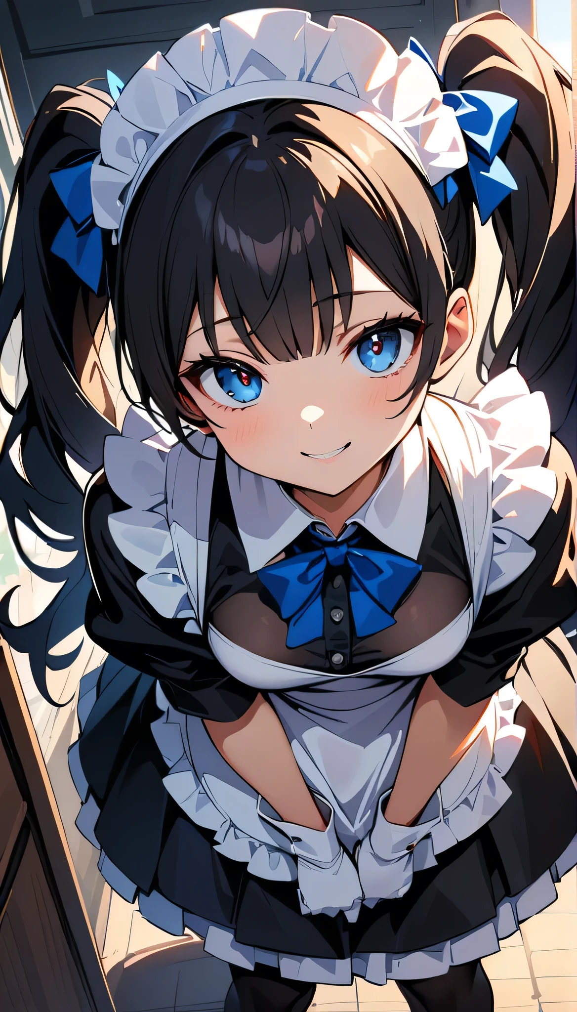 (anime style),masterpiece, best quality, extremely detailed,from side,from directly below,tanned skin,ar old,dark skin Beautiful body,Cinderella bust,BREAK,black wet hair,short hair on hairband,for head,BREAK,black eyes,sadistic face,lick one's lips,half open mouth,eyes half open,sensual face,detailed lips,BREAK,blue ribbon,BREAK,ripped Gothic lolita costume,long sleeve,navel,slit down the side,break,head tilt,private floor,coquettish pose,Detailed crotch,motion lines,girl on top,stomach to stomach,1faceless boy,interlocked fingers,