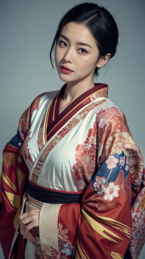 40 years old、woman、Criminal,Career woman、 Very short hair、Looking into the camera、sexy、Cool look、Critical Eyes、Slanted Eyes、Narrow eyes、Red lips、High image quality、High resolution、High resolution, masterpiece, Anatomically correct, 超High image quality, Textured skin, Alone, Kimono cosplay、The background is a Japanese castle town、