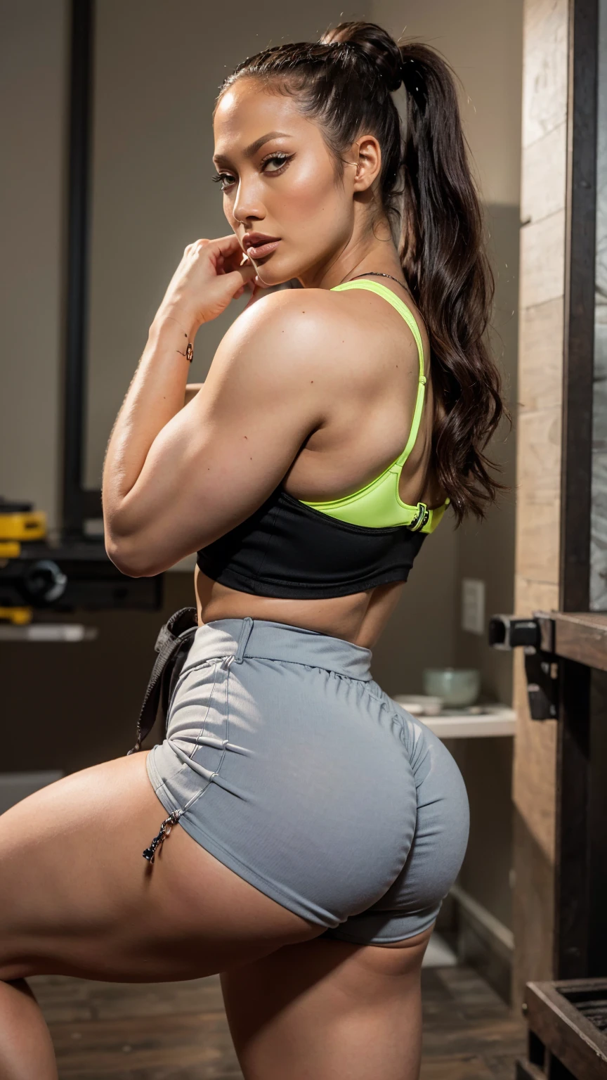 Rear view of a woman exercising in a high-end gym, captured with the highest image quality in stunning 8K resolution. The image is so photographically realistic that every detail is brought to life. The woman, with her muscular and toned body, exudes strength and determination. Her beautiful expression reflects a sense of joy and fulfillment as she smiles, showcasing her confidence and inner beauty. Her eyes and facial features are captured with intricate detail, highlighting her unique features and adding depth to the image. The combination of her physical fitness and radiant personality make her an embodiment of beauty and empowerment in this gym setting.